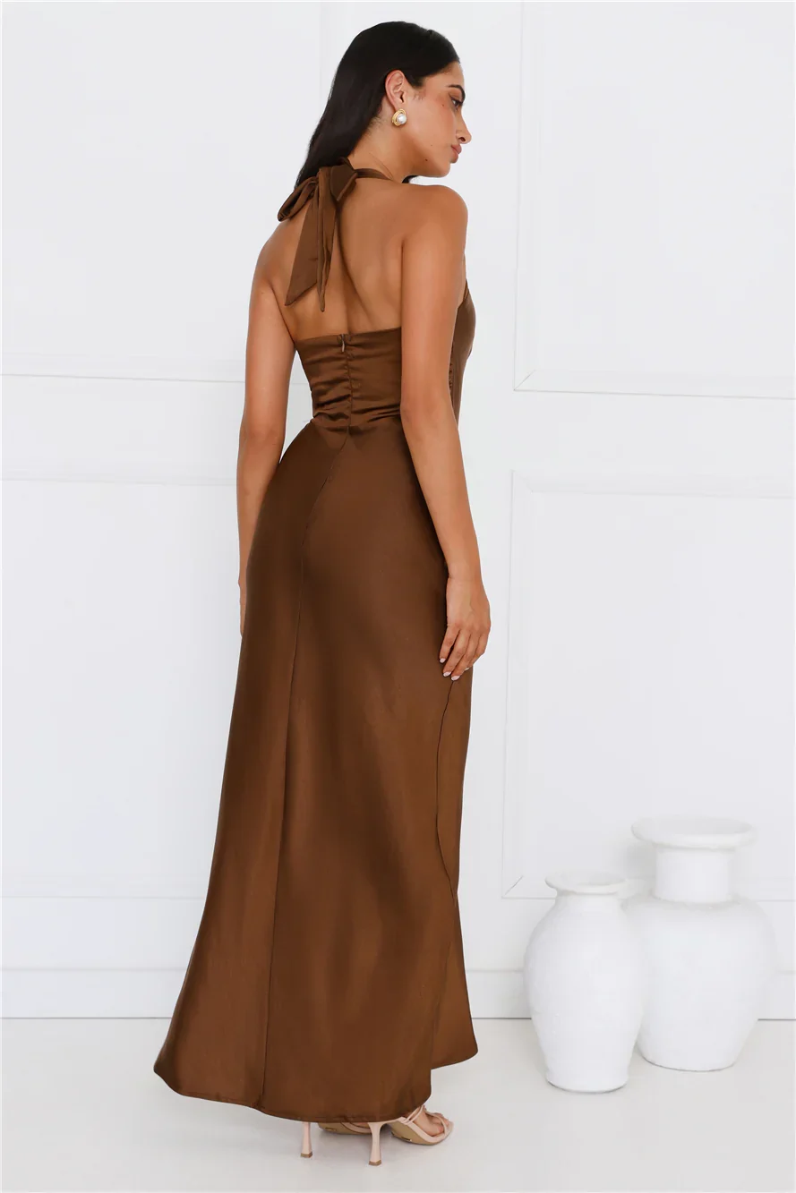 Ambiance Of The Night Halter Satin Maxi Dress Brown
