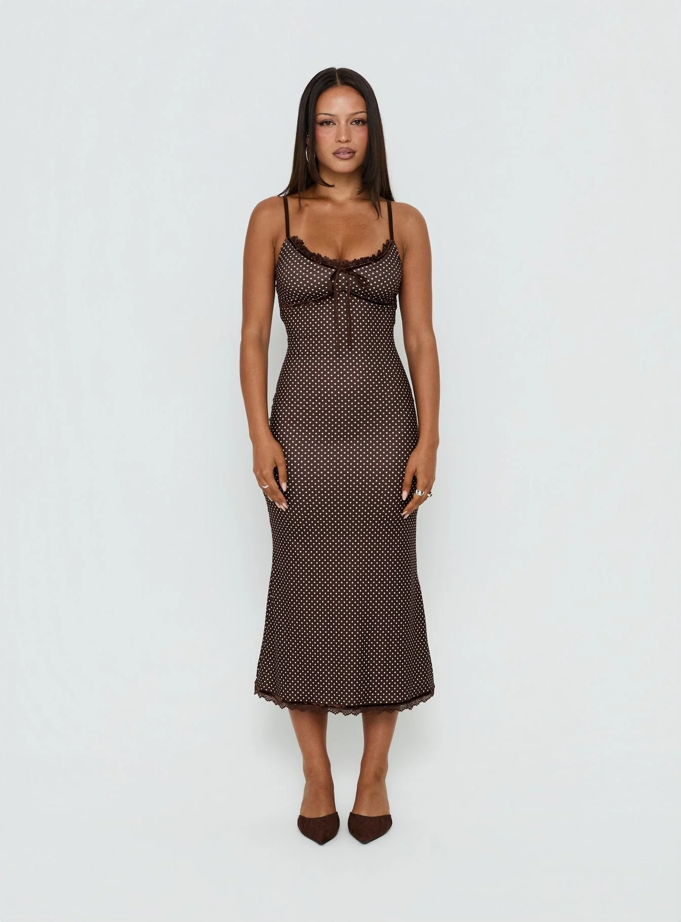 Delaney V Neck Frill Midi Dress Brown / Pink Polka Dot