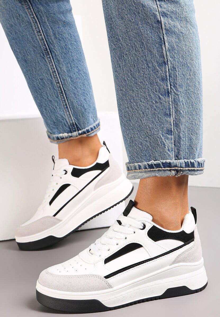 Biało-Czarne Wiązane Sneakersy na Grubej Podeszwie Maenrel