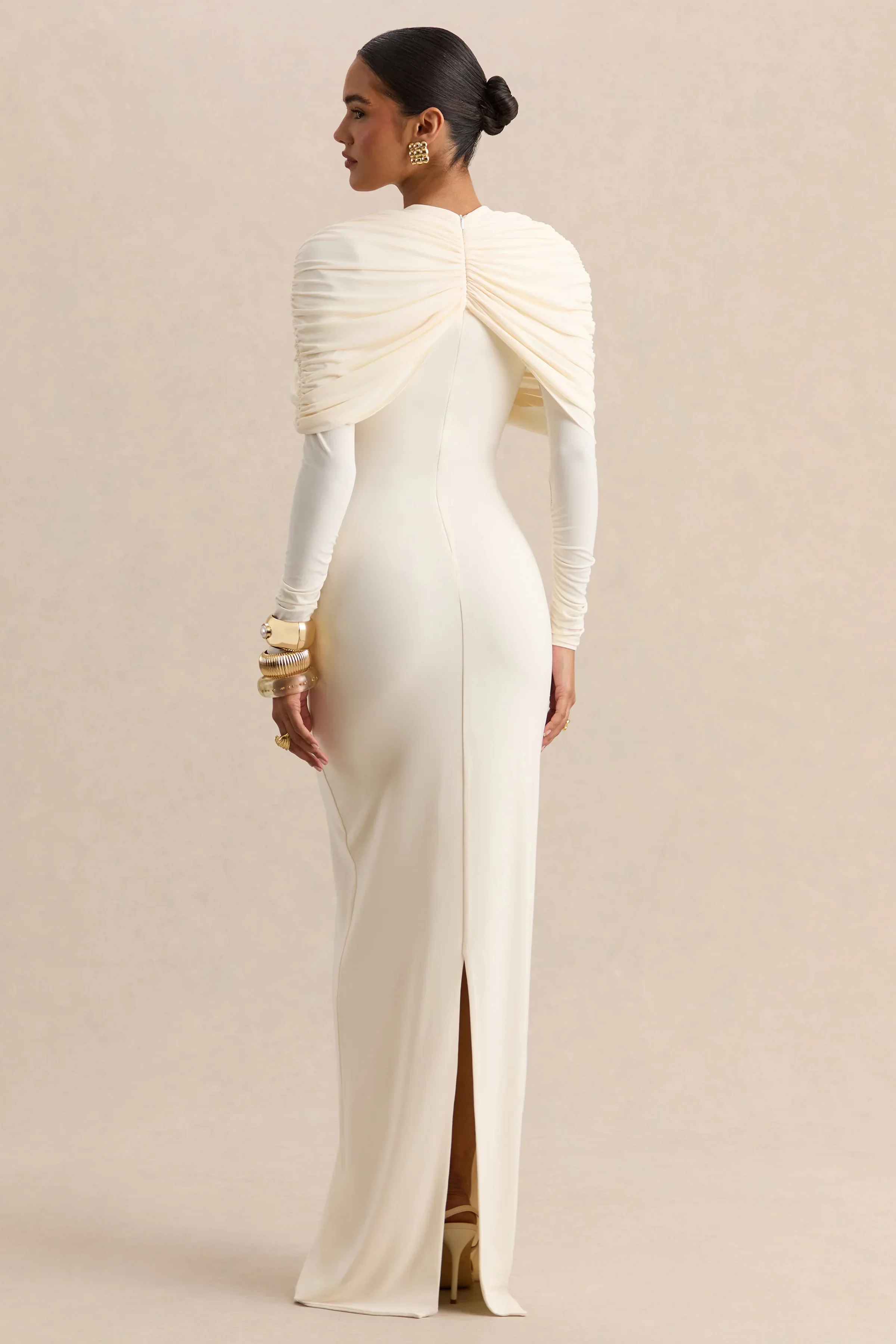 Evessa | Cream High-Neck Maxi Dress With Gathered-Detailing