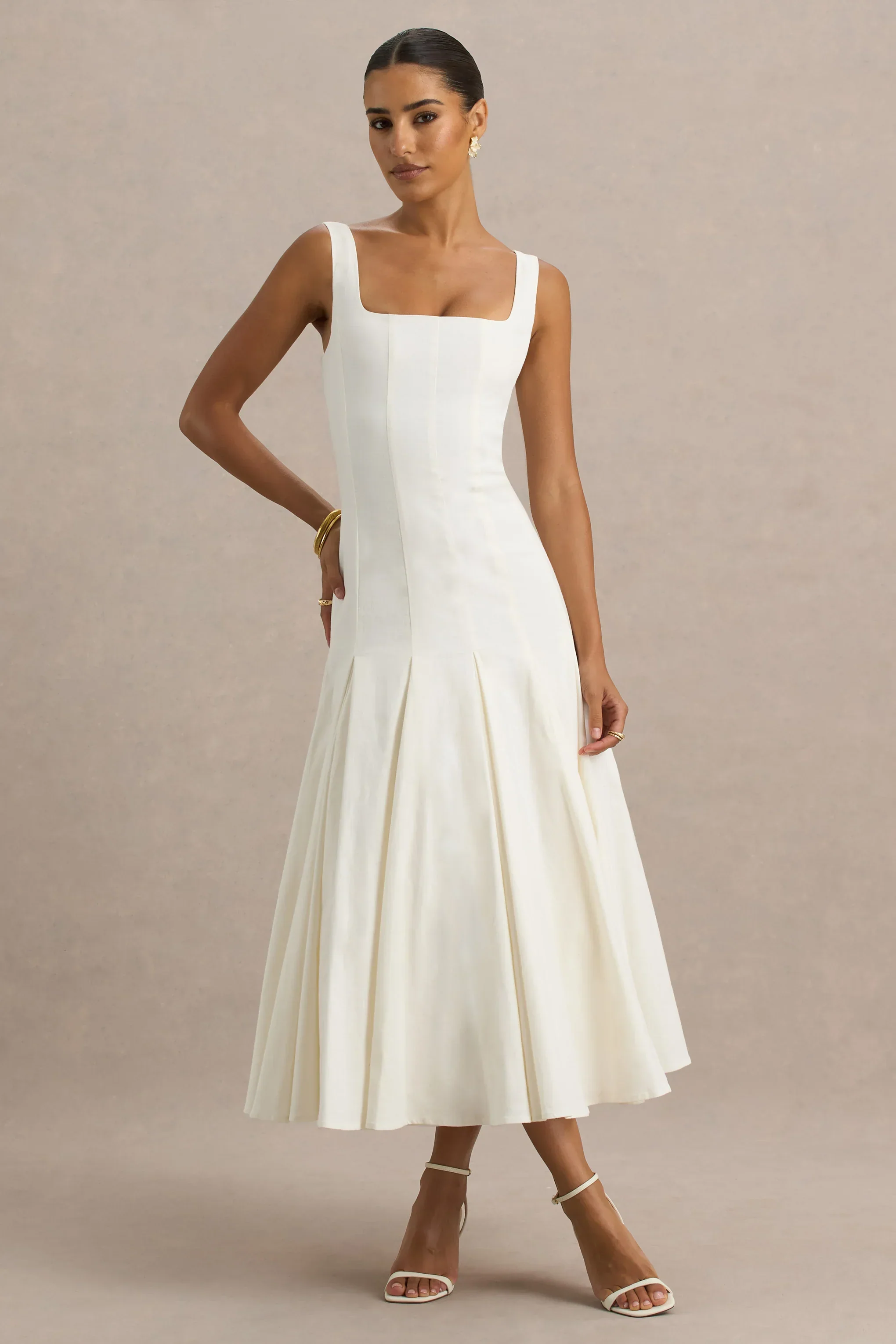 Magnolia | White Scoop-Neck Midi Dress With Drop-Waist And Ruffling Detail