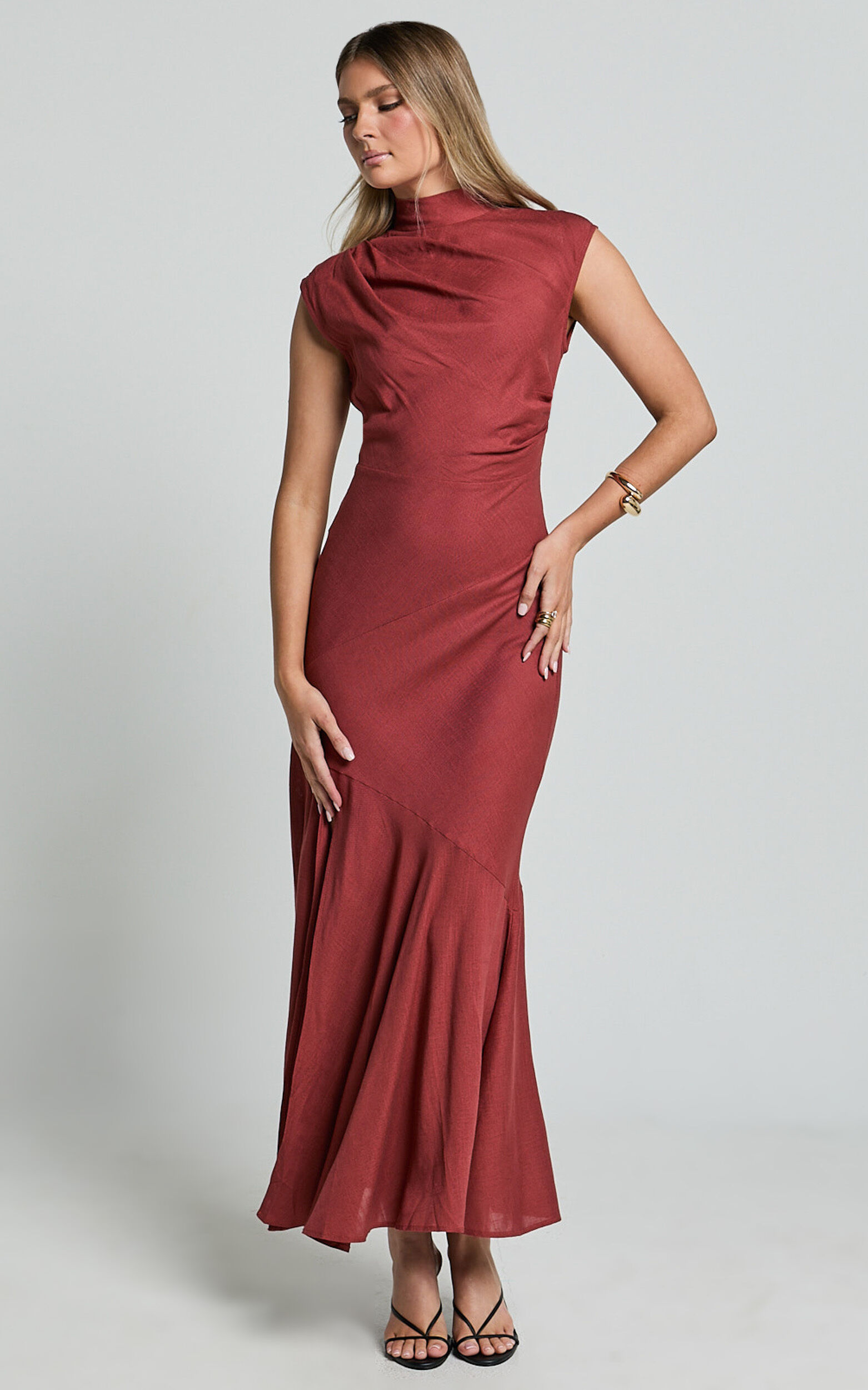 Arielle Maxi Linen Dress - High Neck Thigh Split Slip Dress in Rust