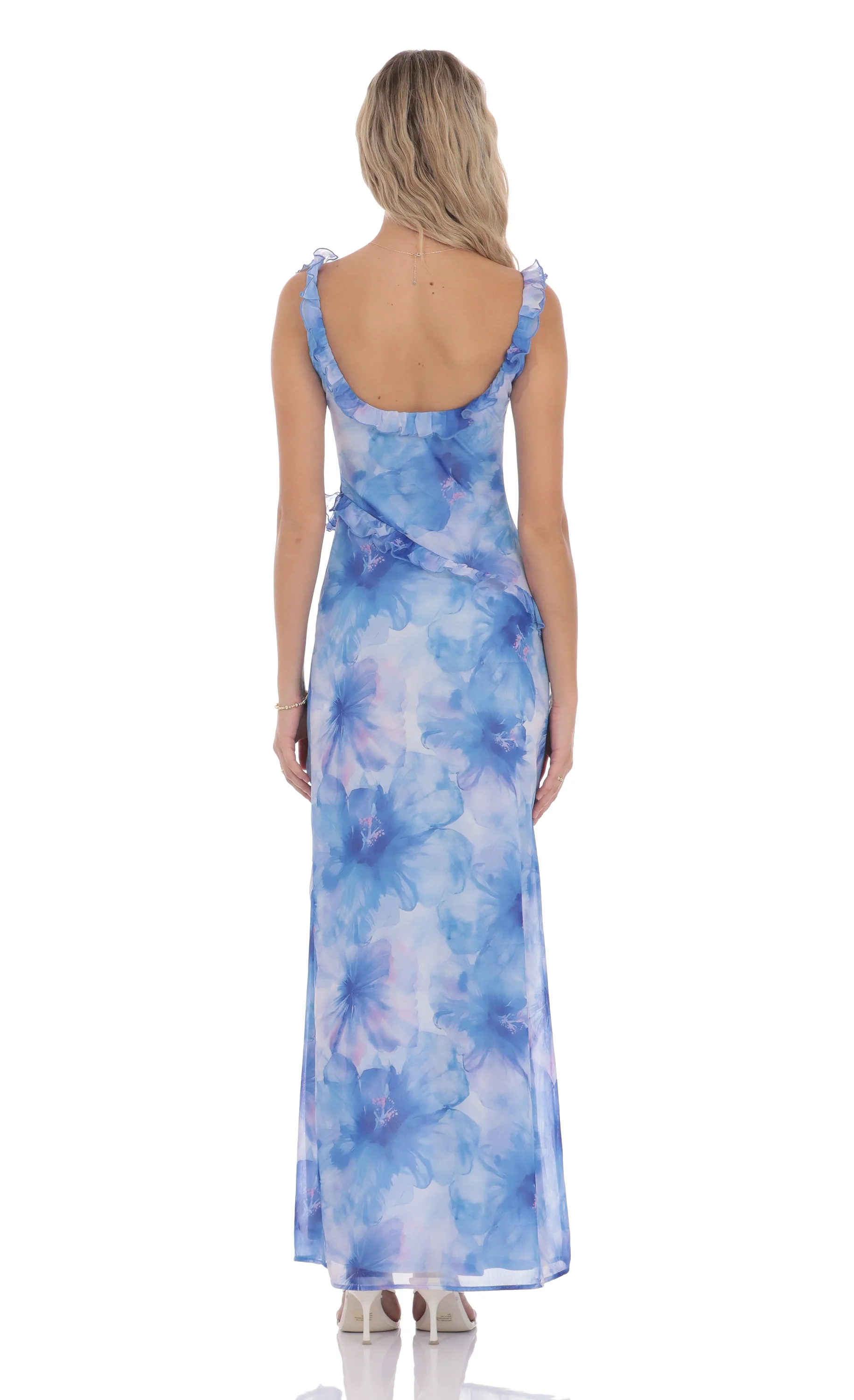 Floral Ruffle Cowl Neck Maxi Dress in Blue