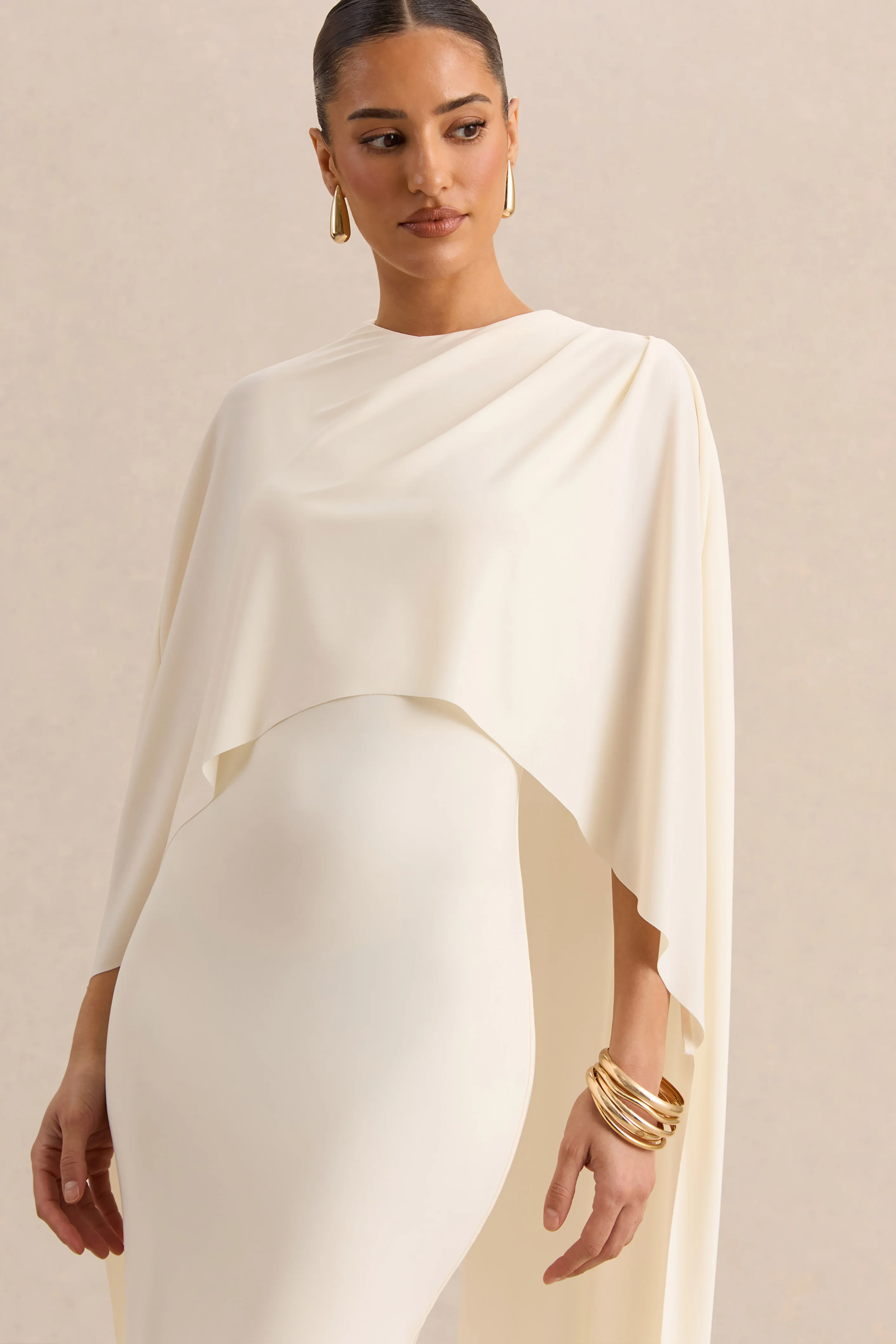 Luxalyn | Cream Round-Neck Midi Dress With Cape-Detail