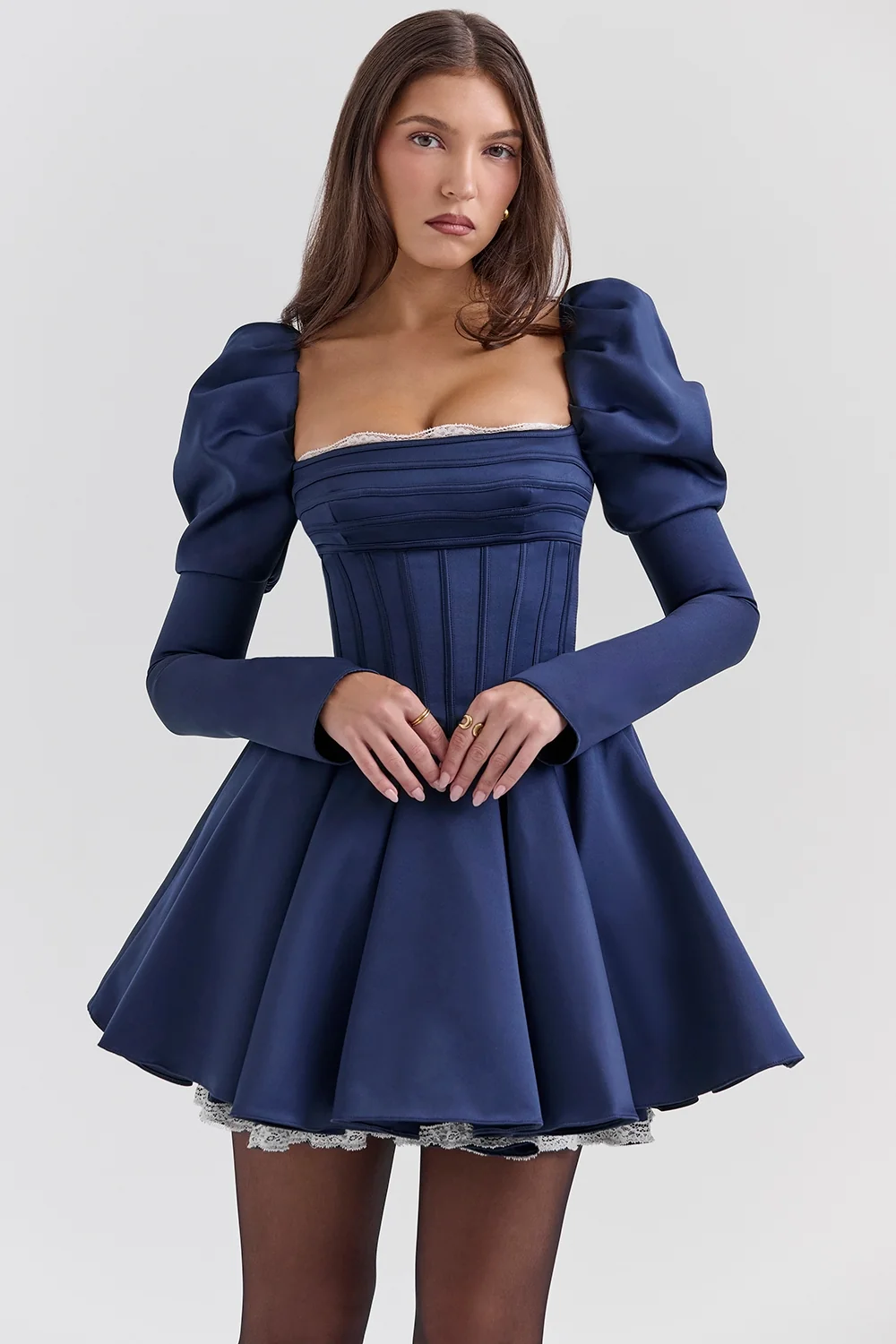 midnight satin puff sleeve mini dress - sale