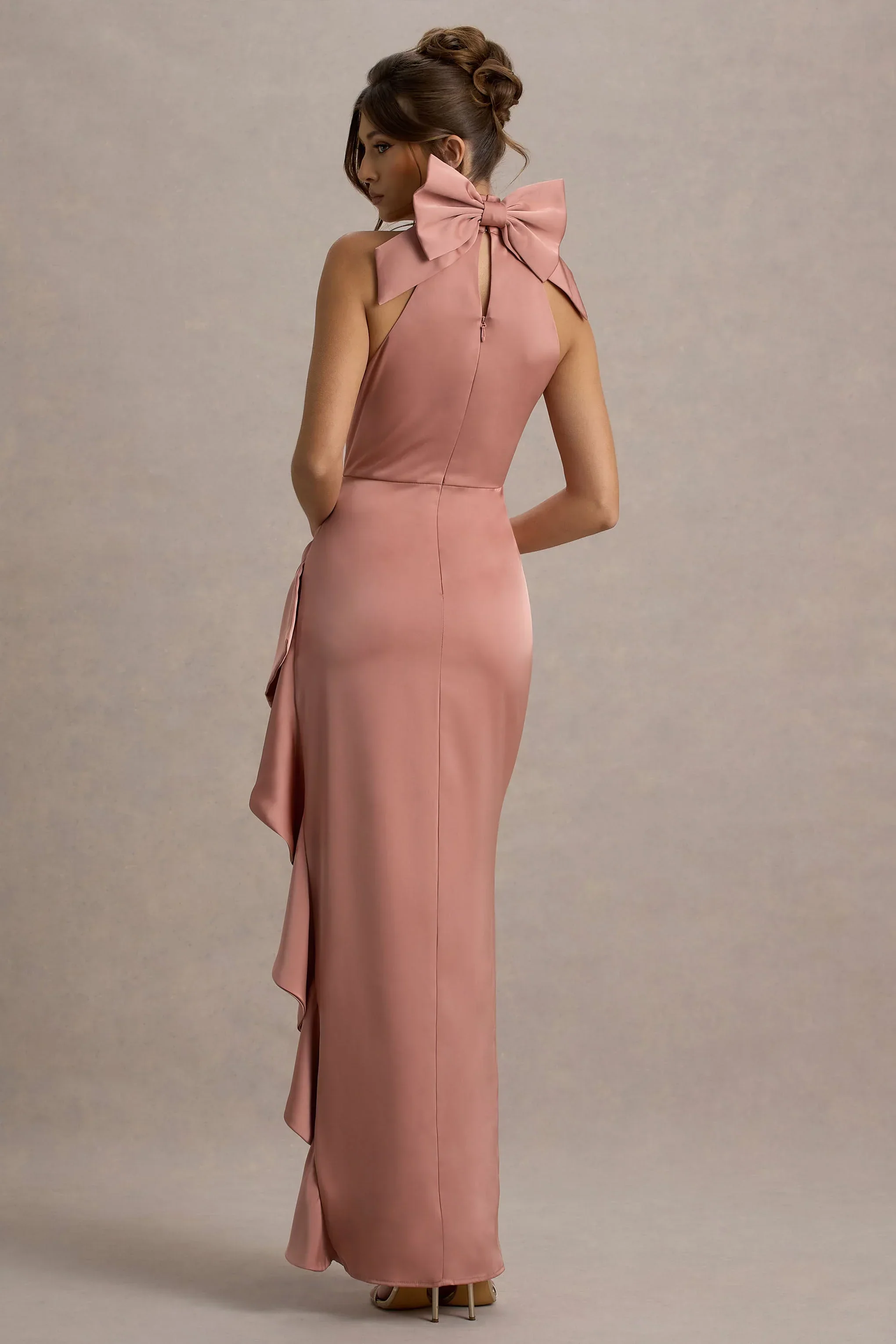 Maureen | Pink Satin High-Neck Draped Maxi Dress