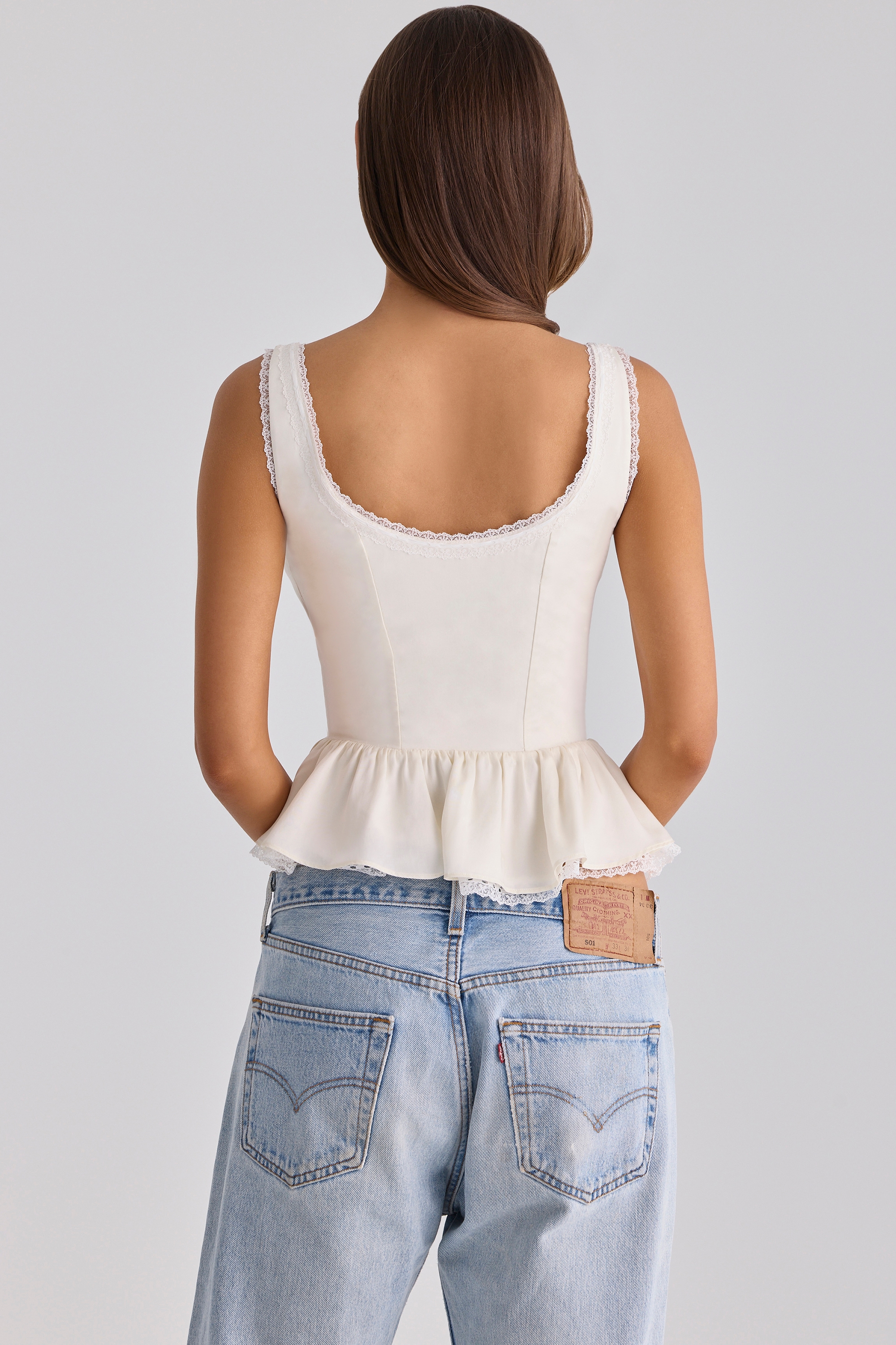 White Sateen + Lace Trim Contour Top