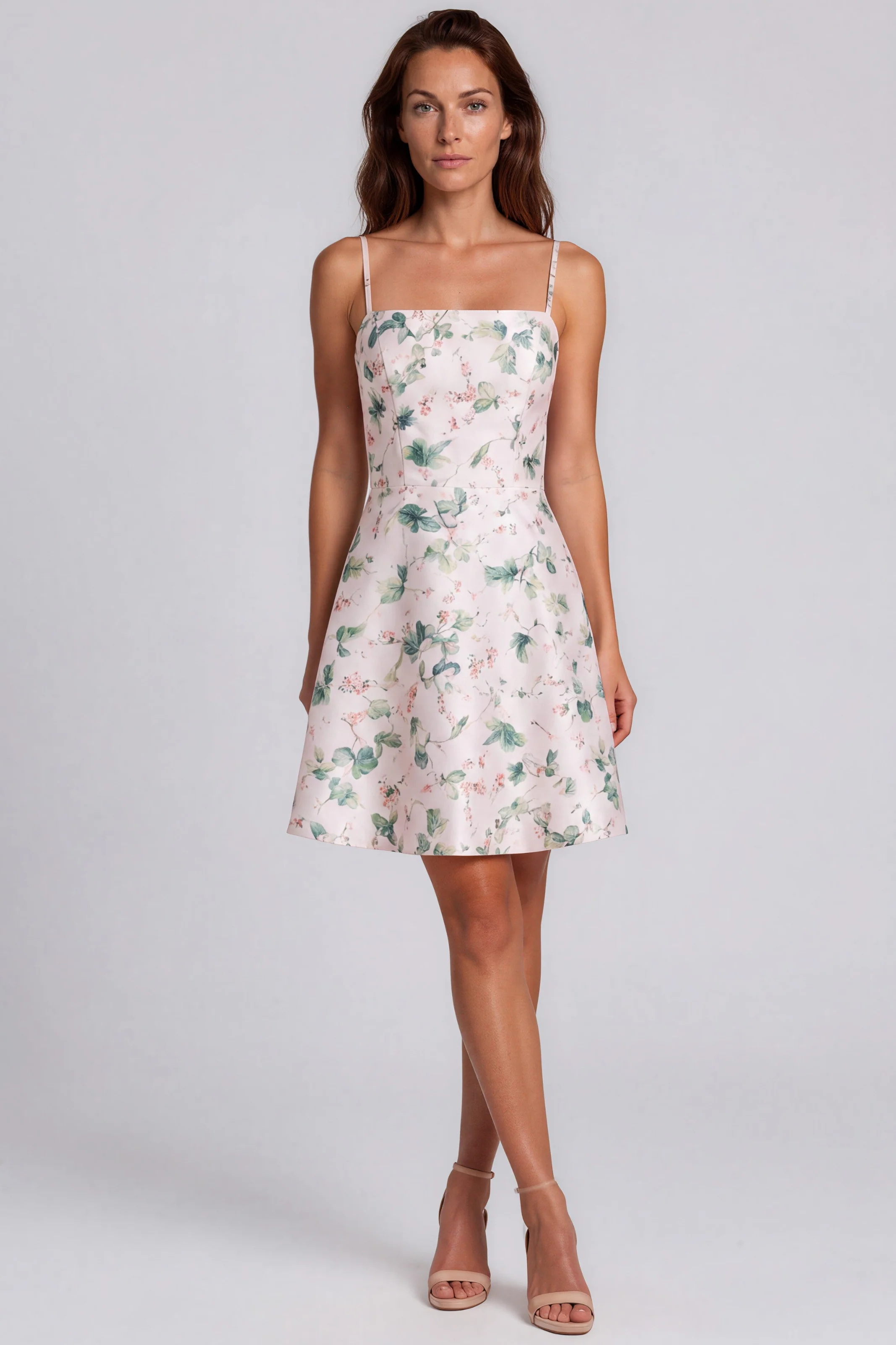 Spaghetti Strap Floral Printed Mikado A-Line Cocktail