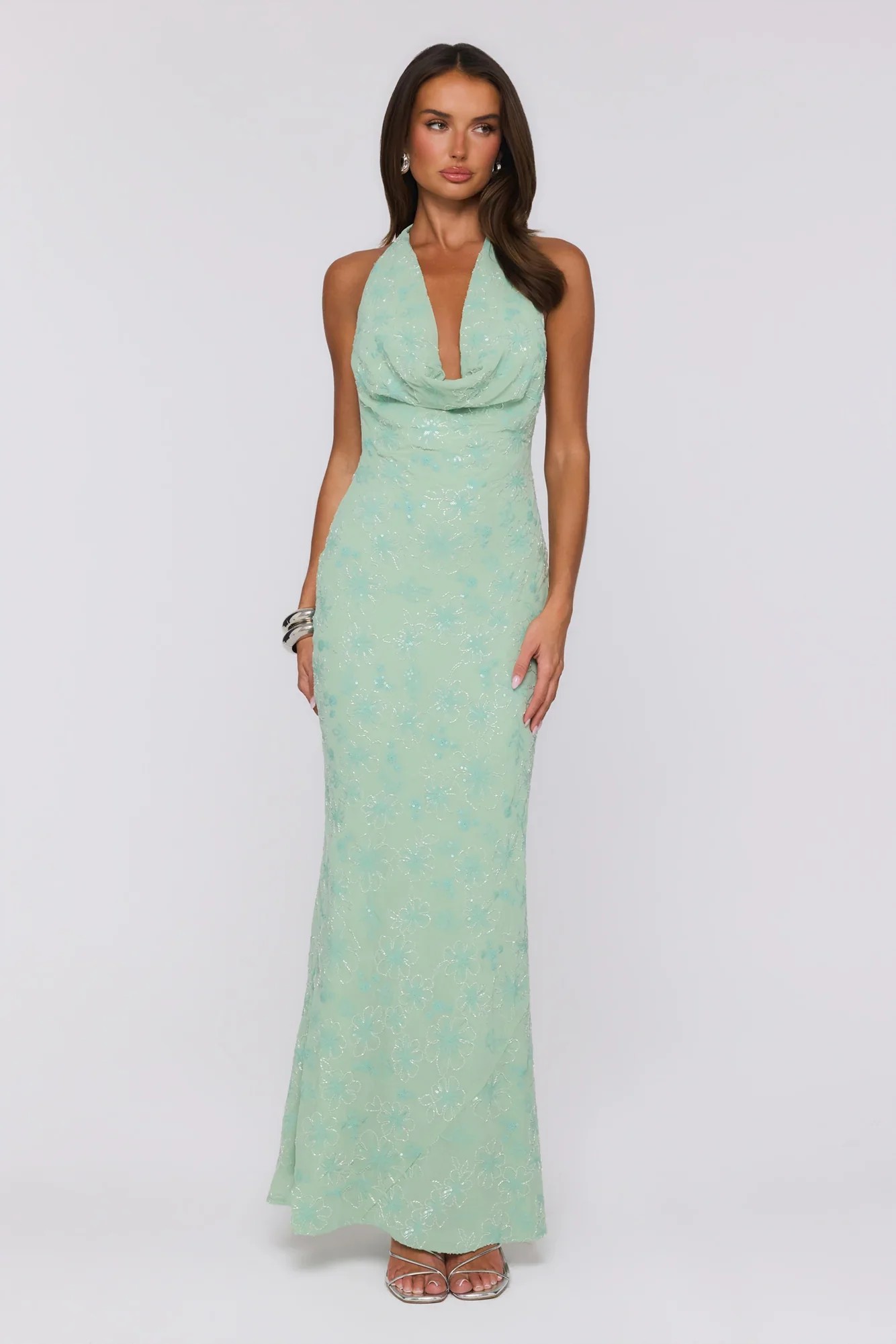 Bling It Babe Beaded Halter Maxi Dress Sage