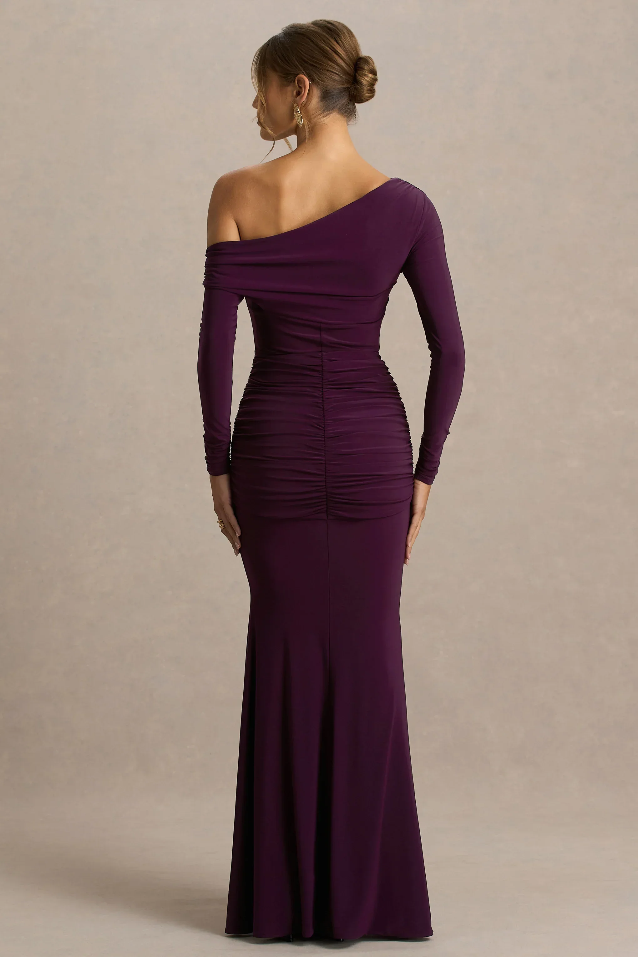 Clover | Burgundy Asymmetric-Neck Wrapped Maxi Dress With Sash