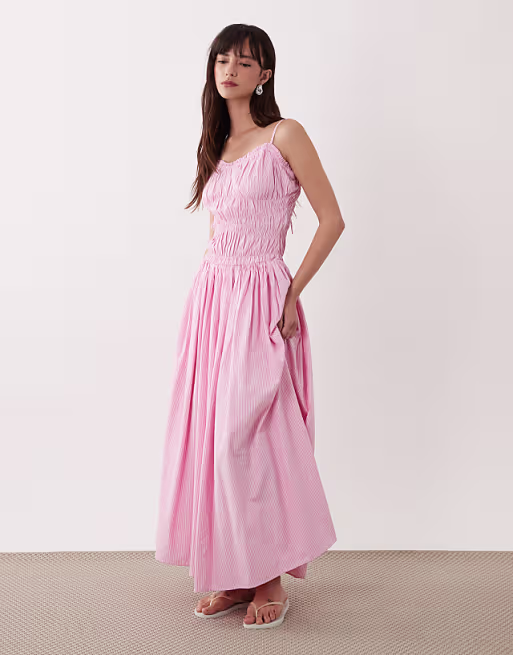 shirred cotton poplin maxi sundress with dropped waist in pink stripes