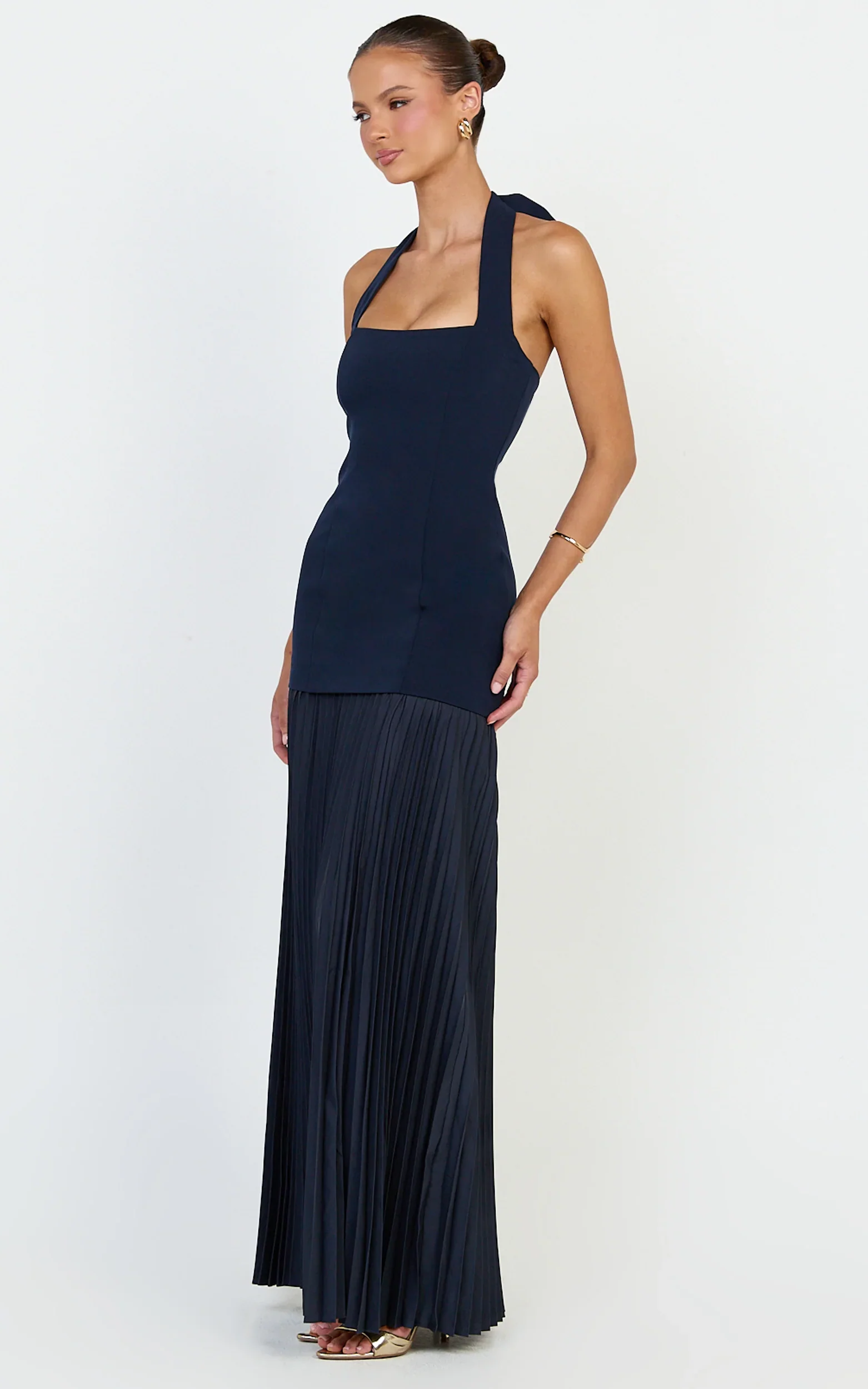 Loretta Maxi Dress - Contrast Halter Neck Pleated Dress in Navy