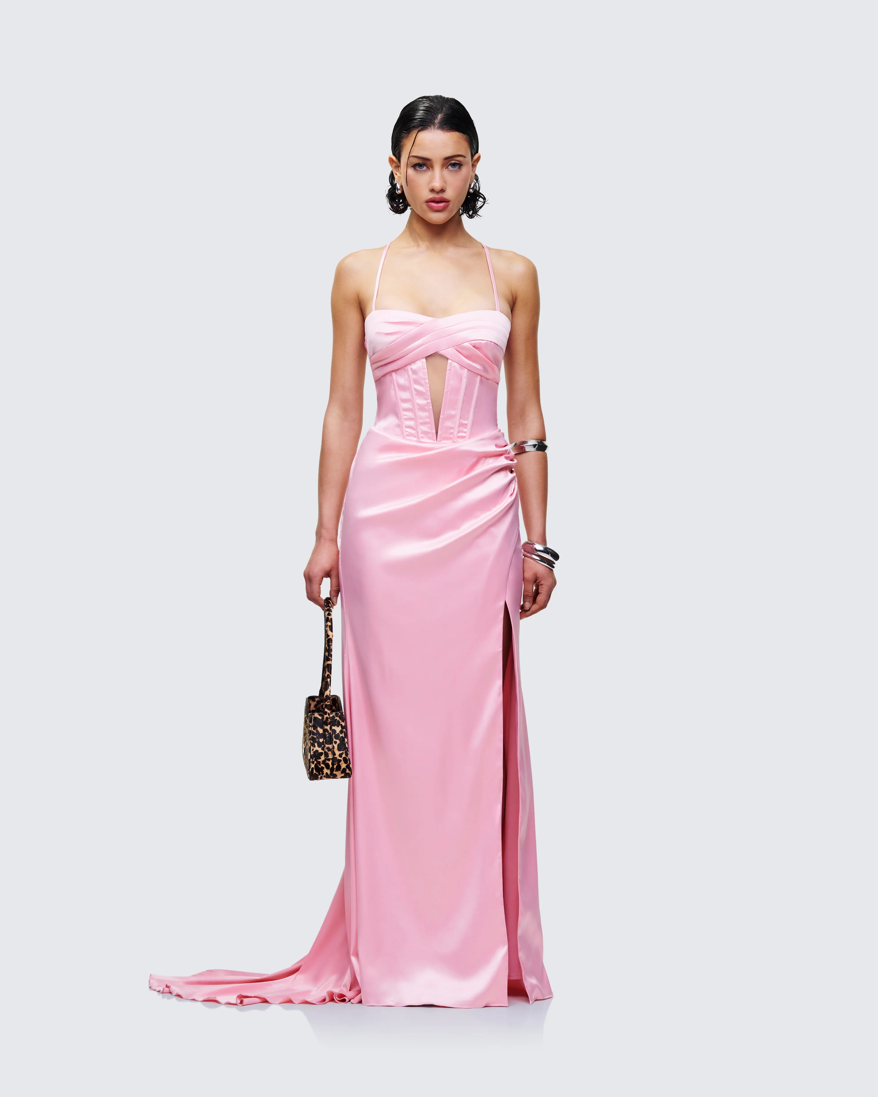 Trixa Pink Satin Cut Out Maxi Dress