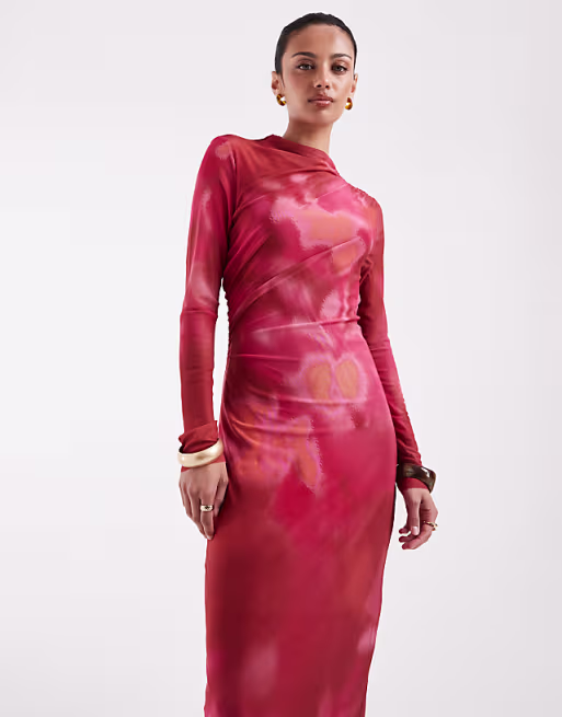 Vero Moda long sleeve drapey mesh maxi dress in pink and orange marble print