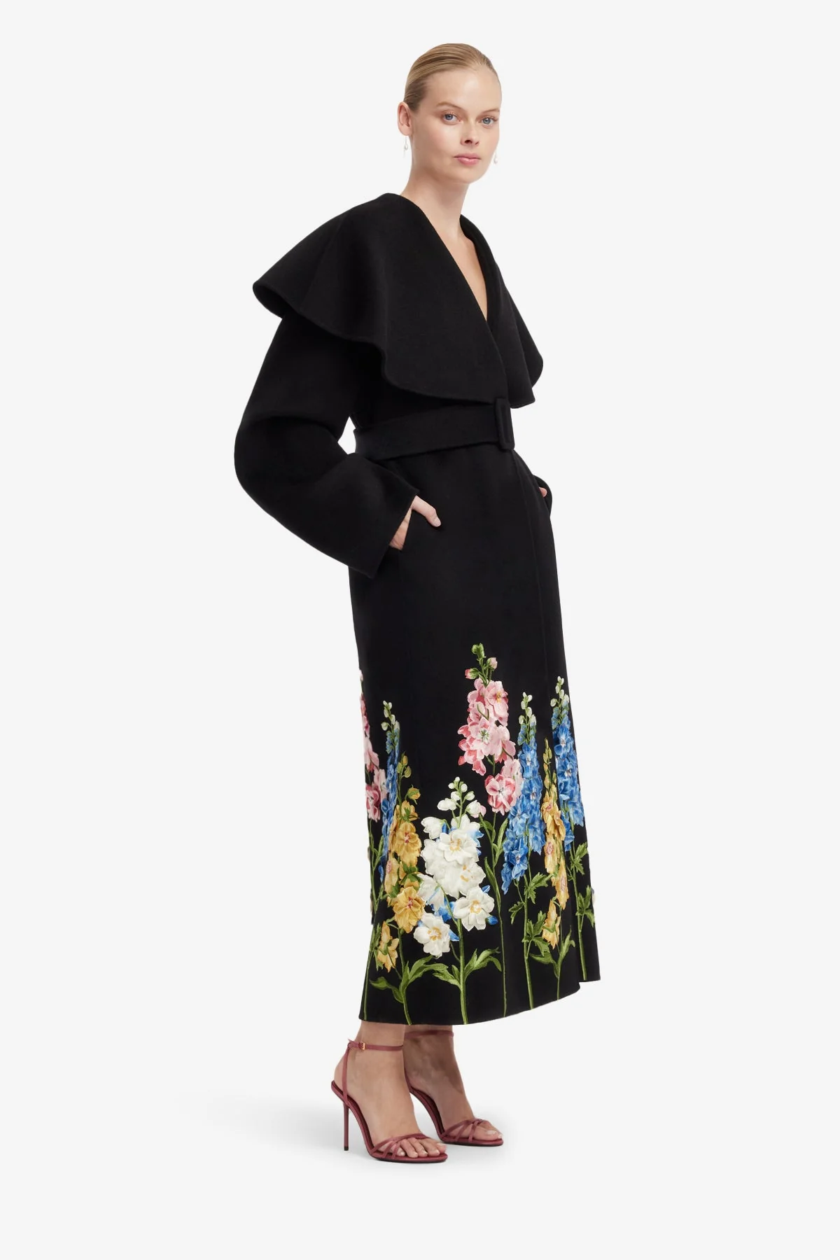 Joan Embroidered Wool Coat - Snapdragon Print in Ebony