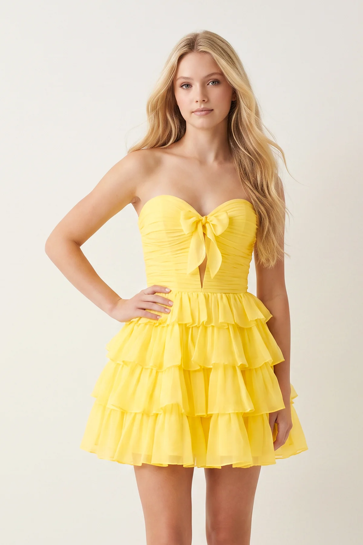 Yellow Strapless A Line Chiffon Ruffled Cocktail Dresses With Bow