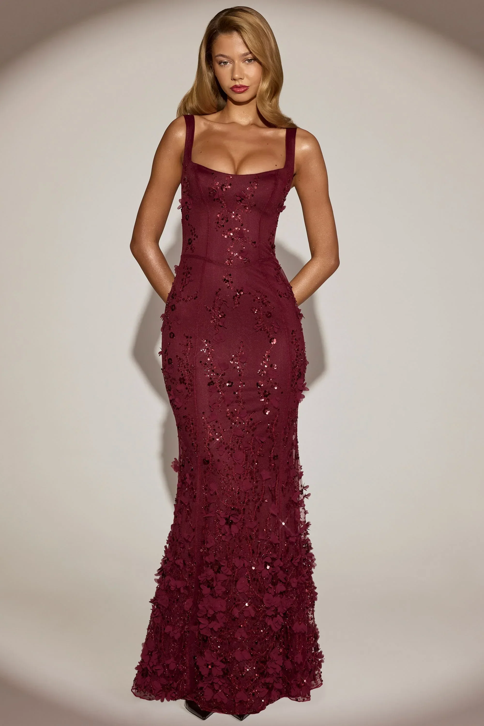 Embellished Fishtail Corset Gown In Wine Red