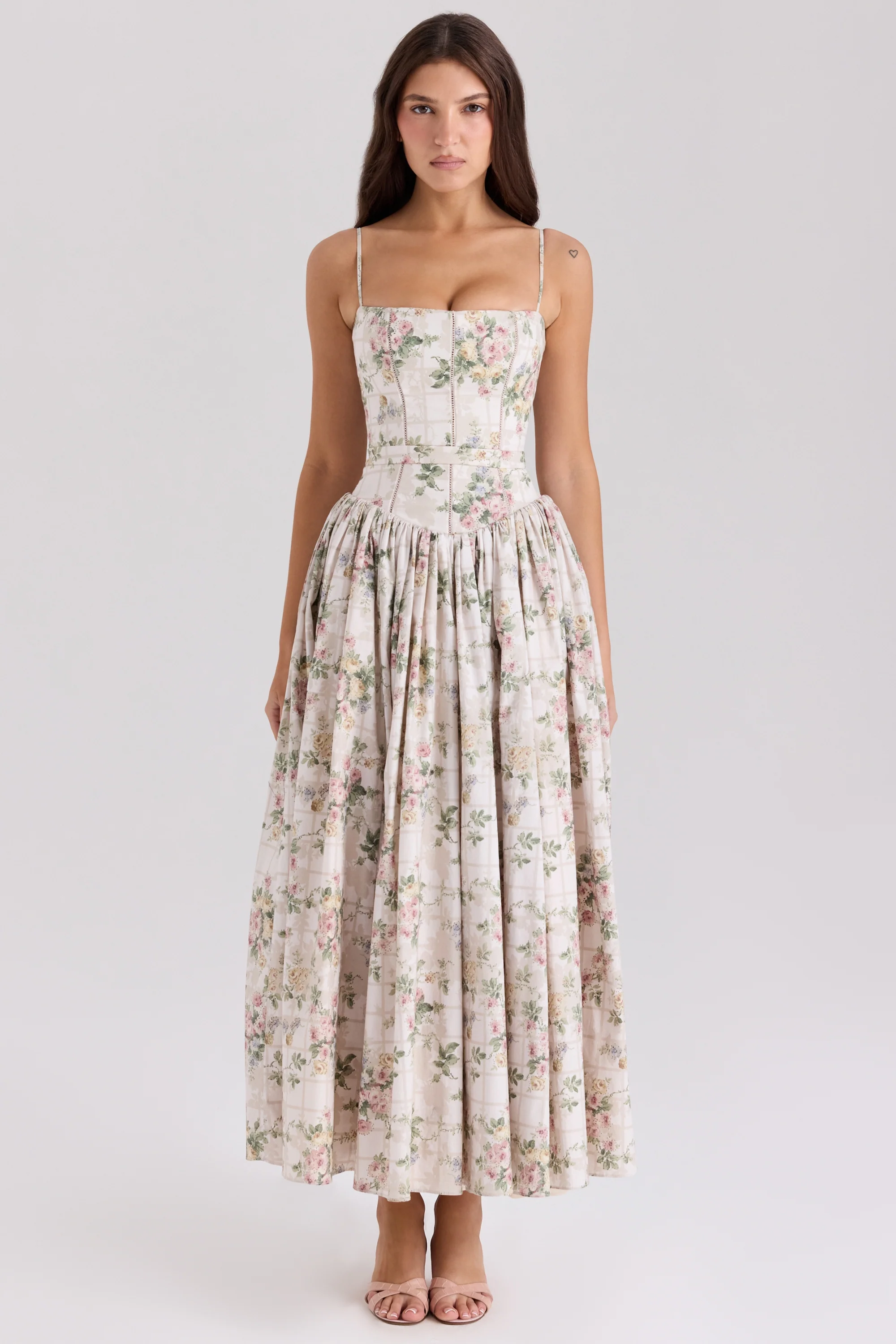 Cream Floral Print Cotton Midi Sundress