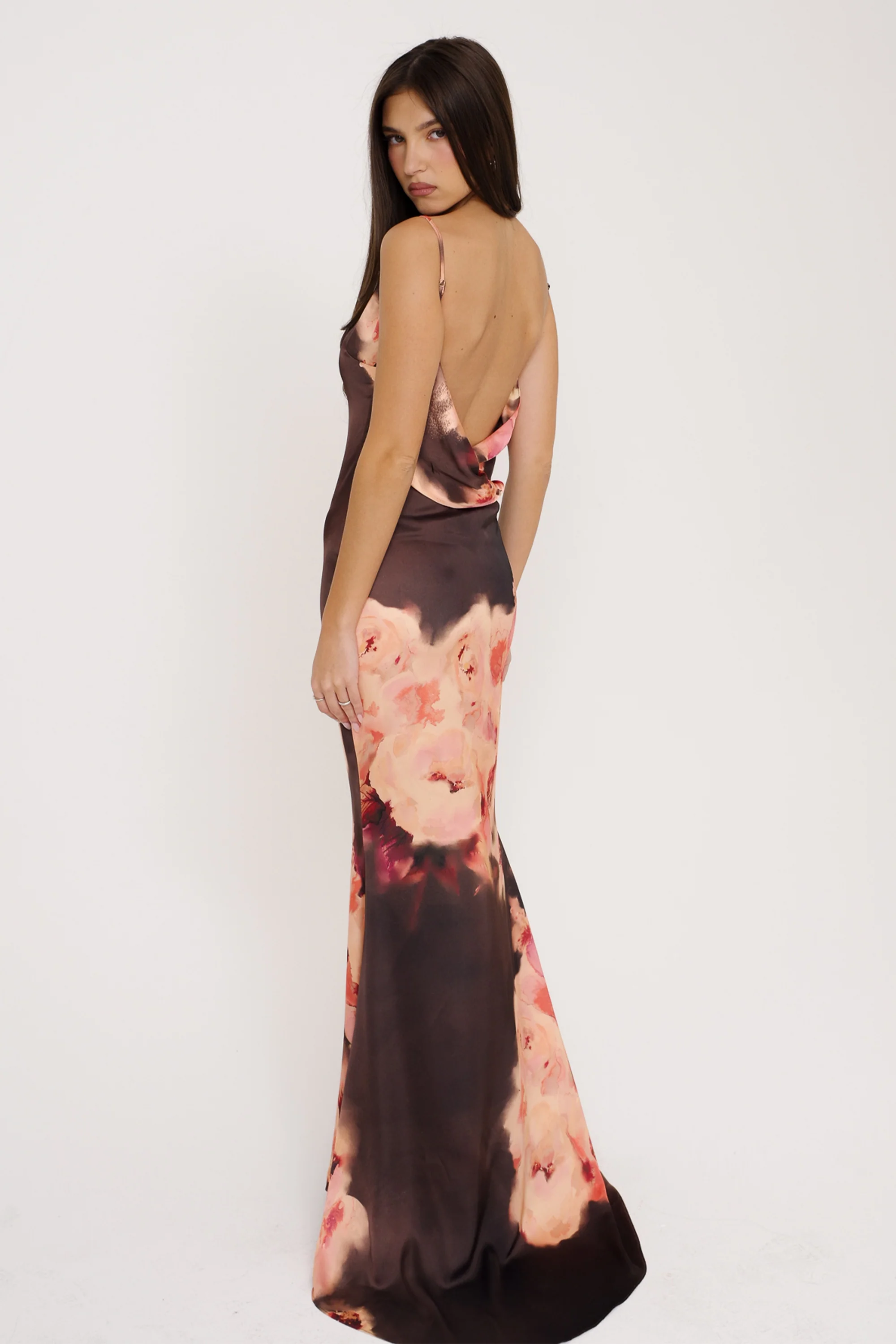 Dark Brown Floral Printed Satin Maxi Dress