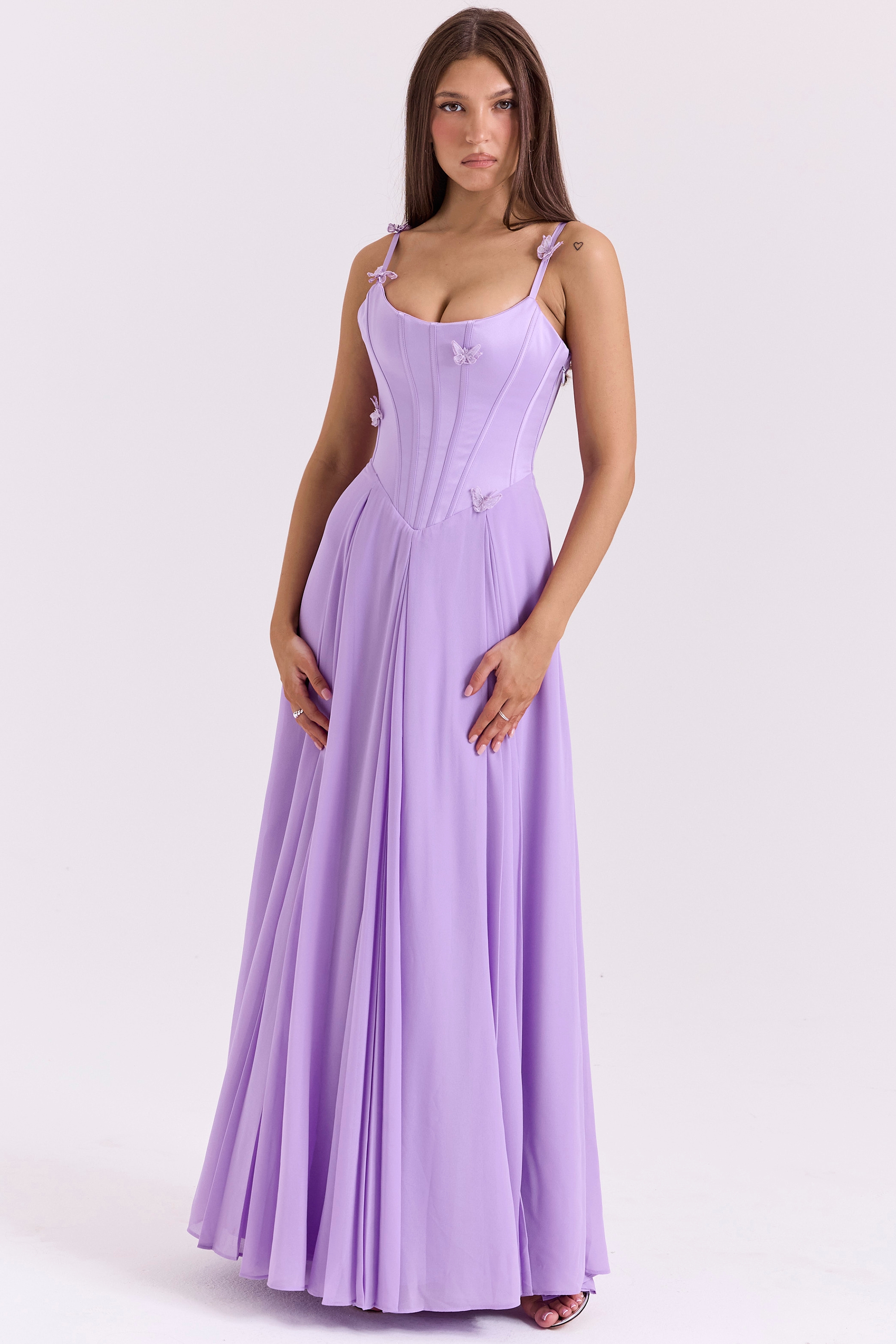 orchid butterfly corset maxi dress