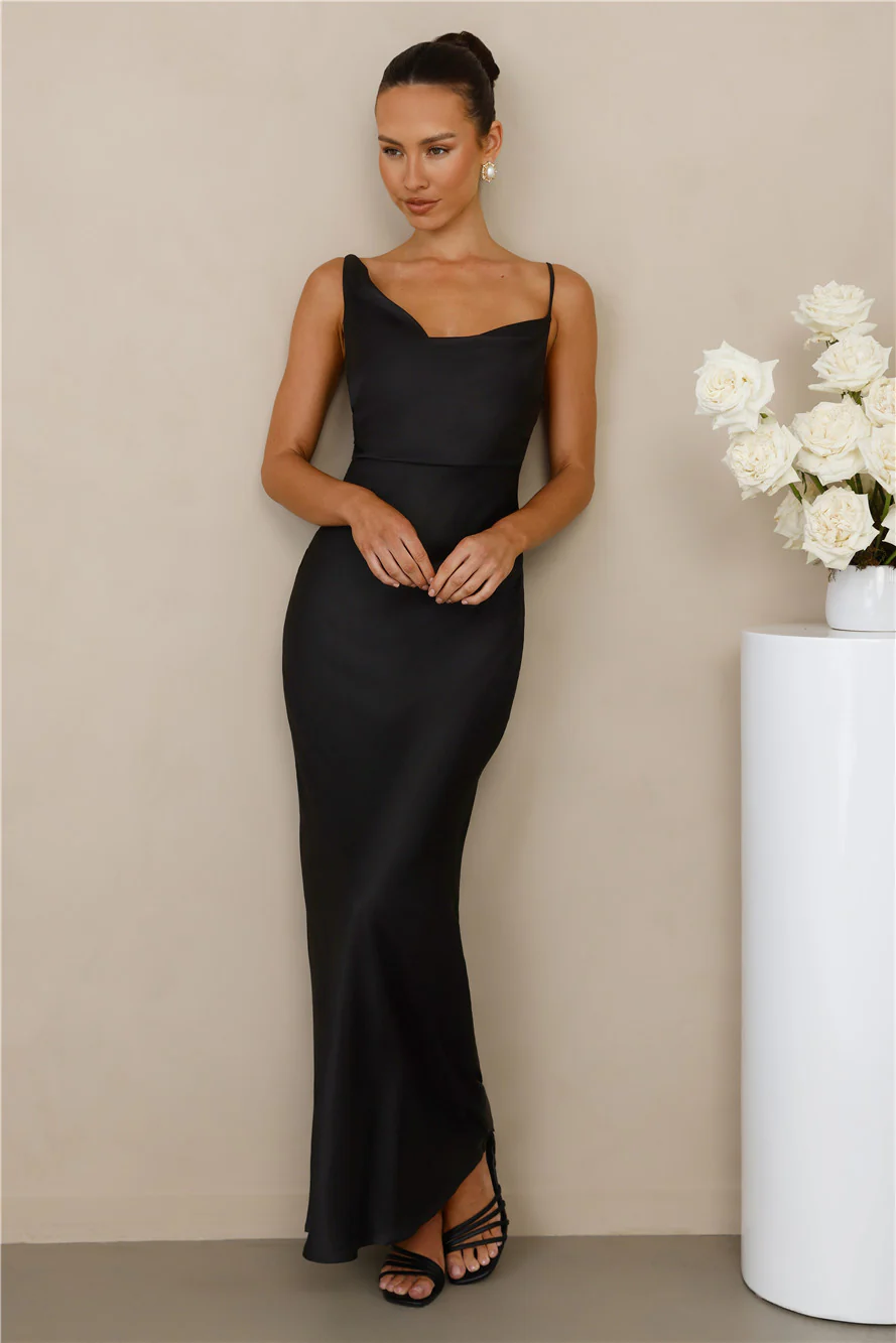 The Madeline Cowl Satin Maxi Dress Black