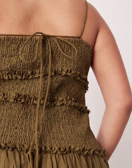Curve crinkle maxi sundress with shirred dropped waist in olive