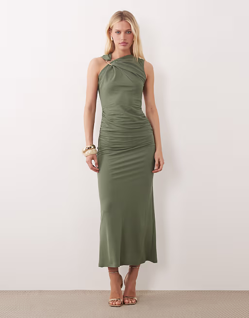 sleeveless ruched midi dress with trim detail in khaki
