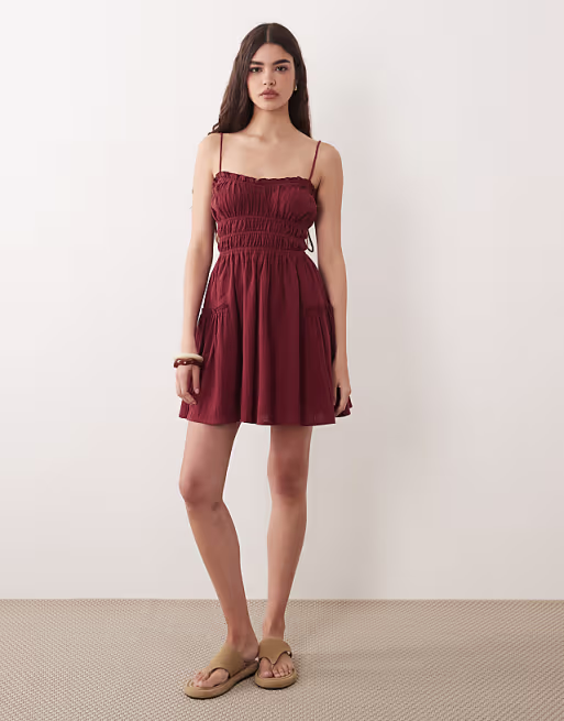 Faith beach shirred mini sundress in burgundy
