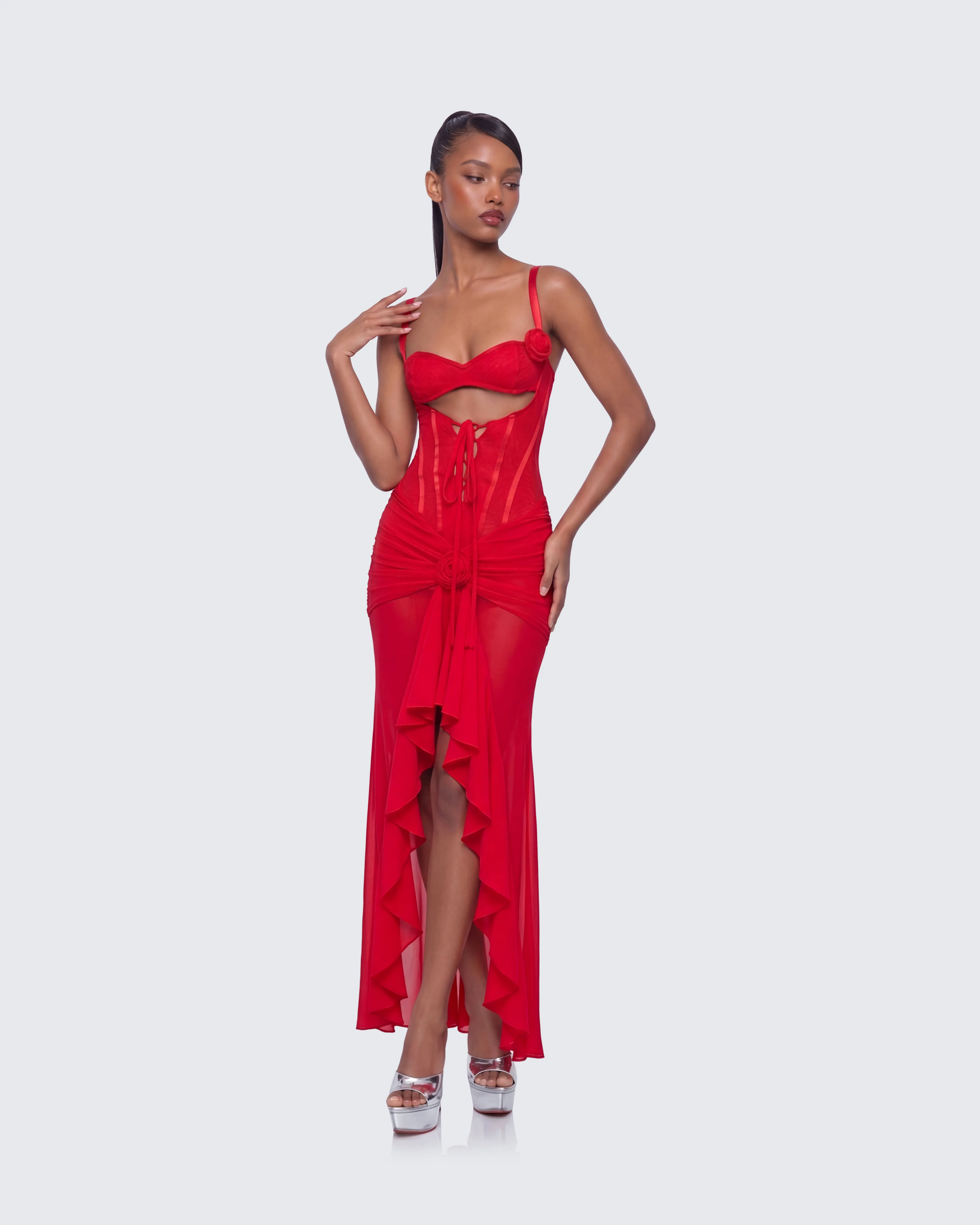 Solana Red Lace and Mesh Maxi Dress
