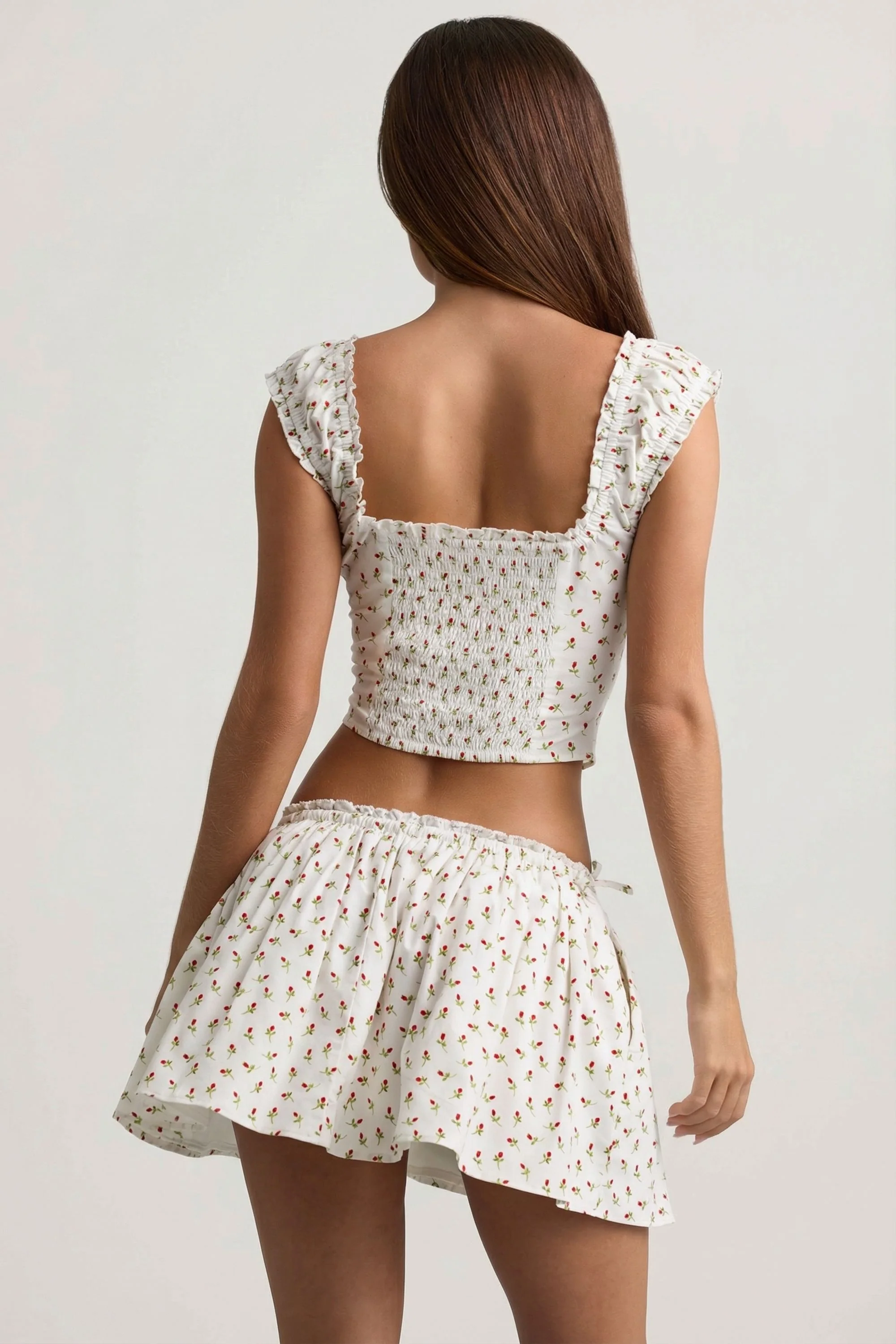 Ruched Cotton-Poplin Mini Skirt in Rose Print