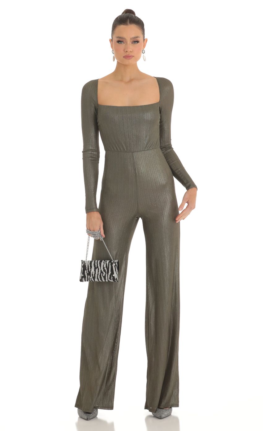 Shimmer Open Back Long Sleeve Jumpsuit in Olive
