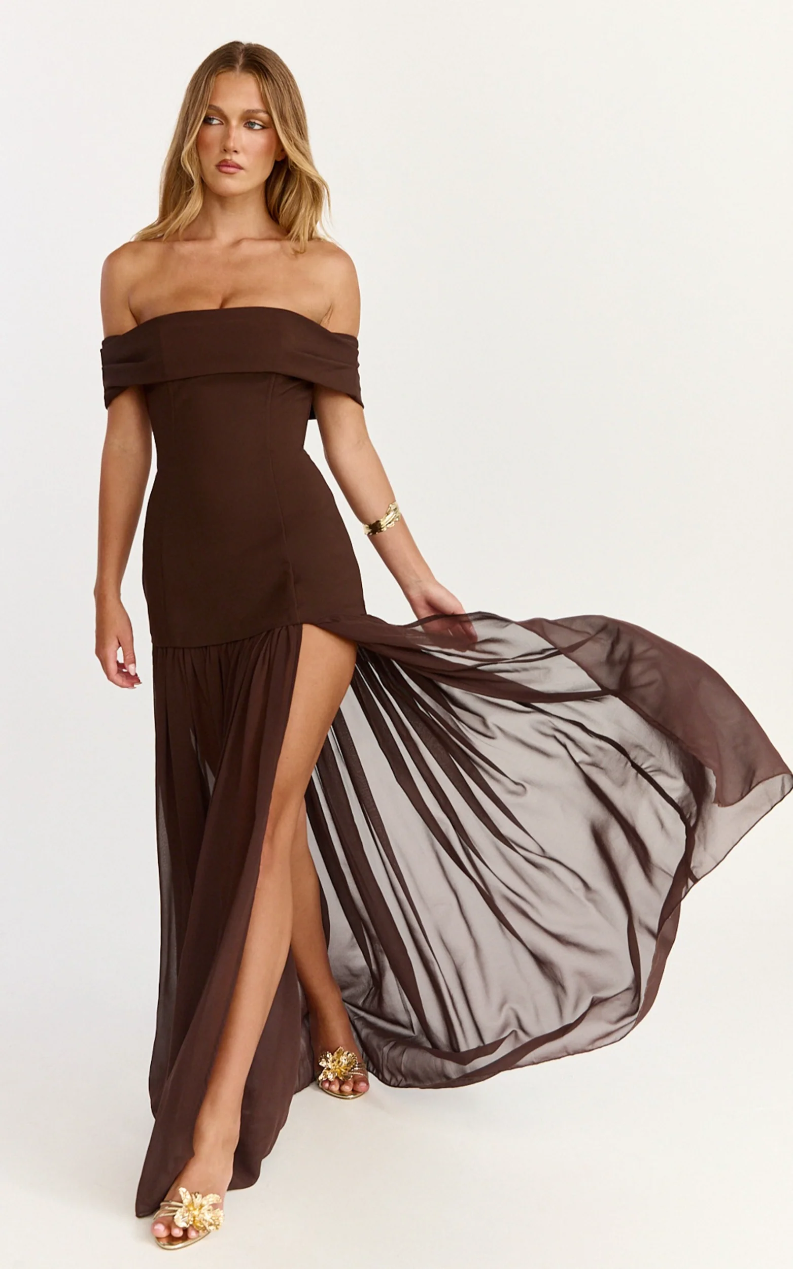 Florence Maxi Dress - Off Shoulder Sheer Skirt Dress in Chocolate