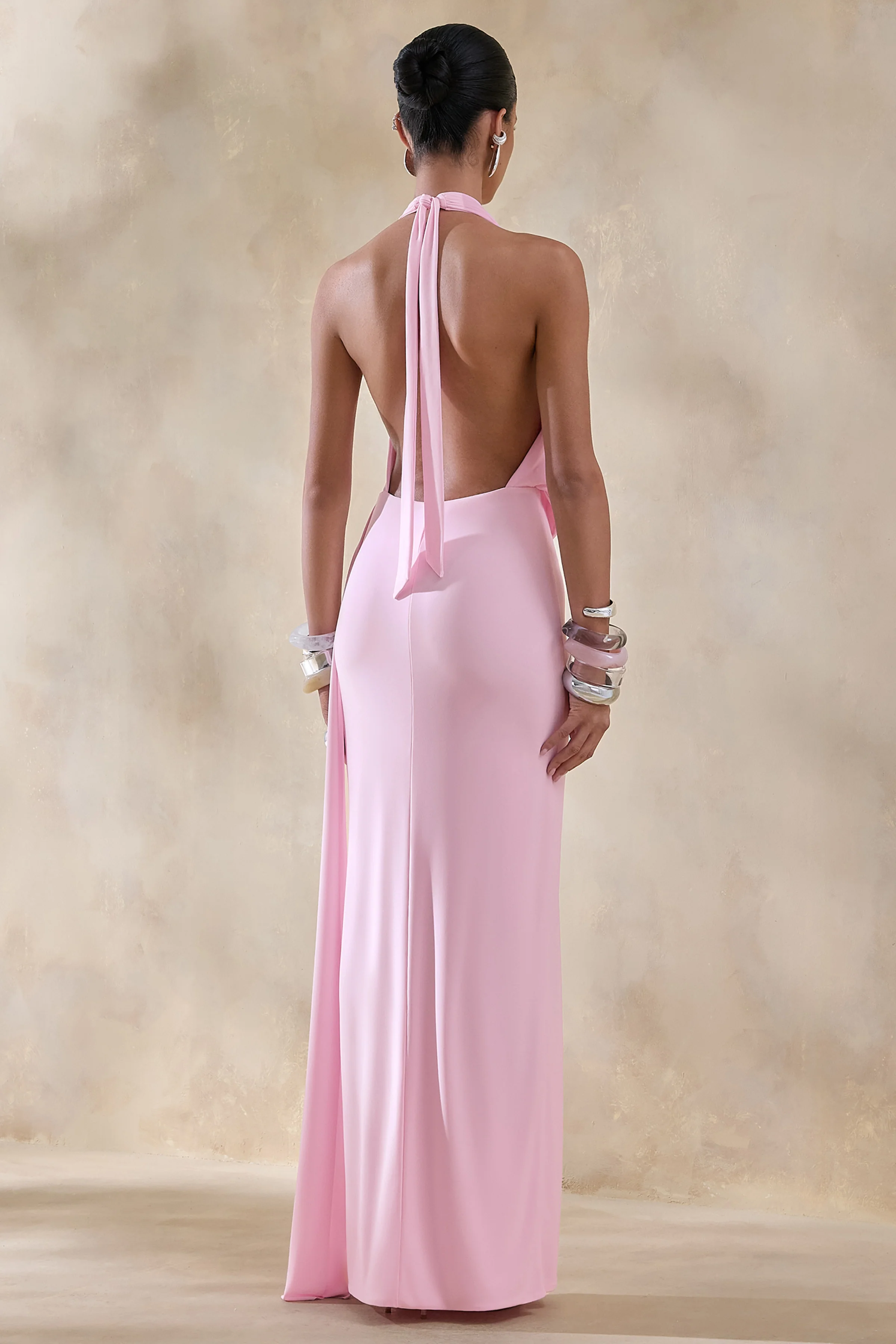 Rosina | Pink Halter-Neck Draped Maxi Dress With Sash