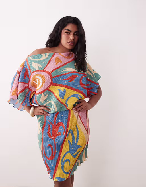 Never Fully Dressed Plus Tilly off shoulder plisse mini dress in kaleidoscope print