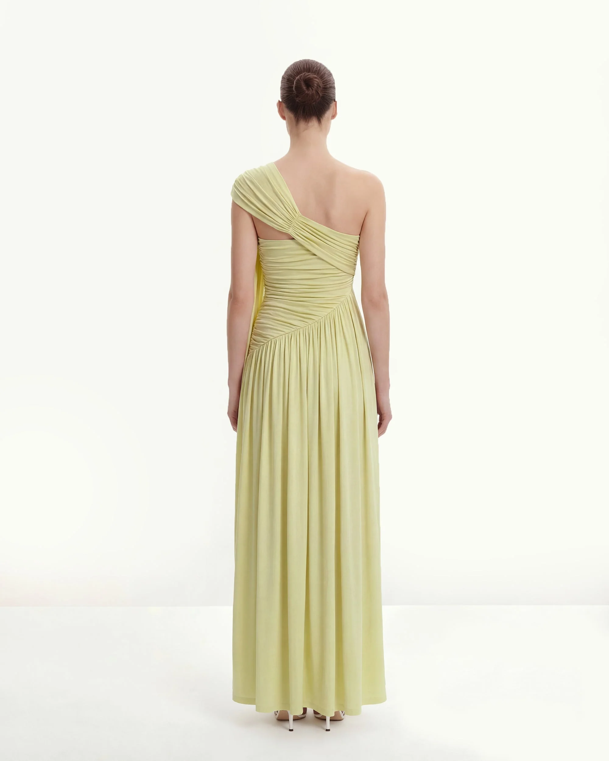 Ruched One-Shoulder Maxi Dress with Trailing Sash - Green - FASHION NOB