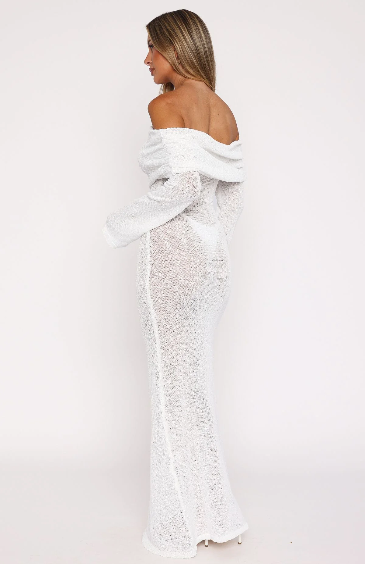 Made It Out Long Sleeve Boucle Maxi Dress White