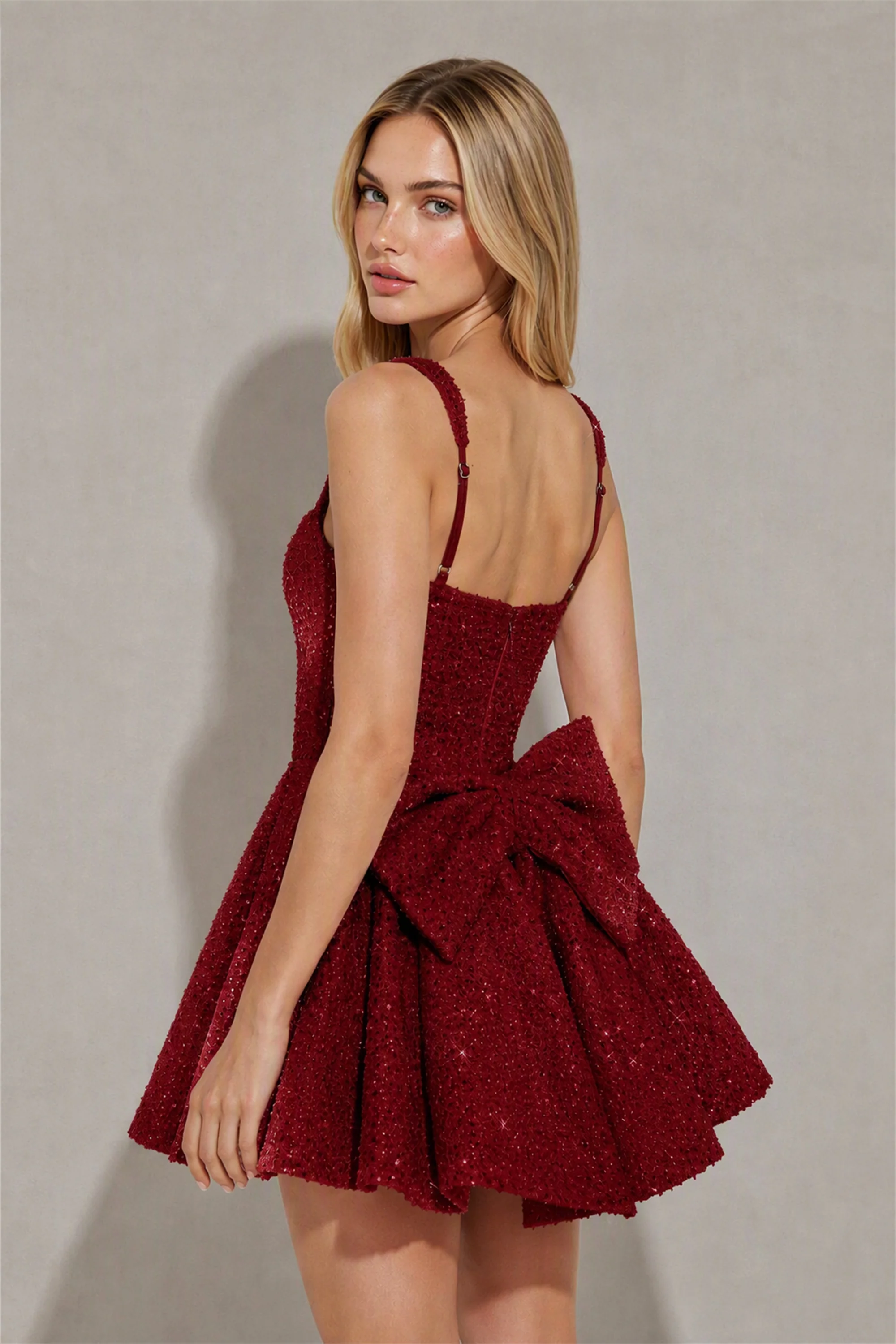 BOLODOO Burgundy Sequin Square Neck Wide Strap Bow Waist Open Back Fit and Flare Mini Dress | Prom Birthday Party Dress