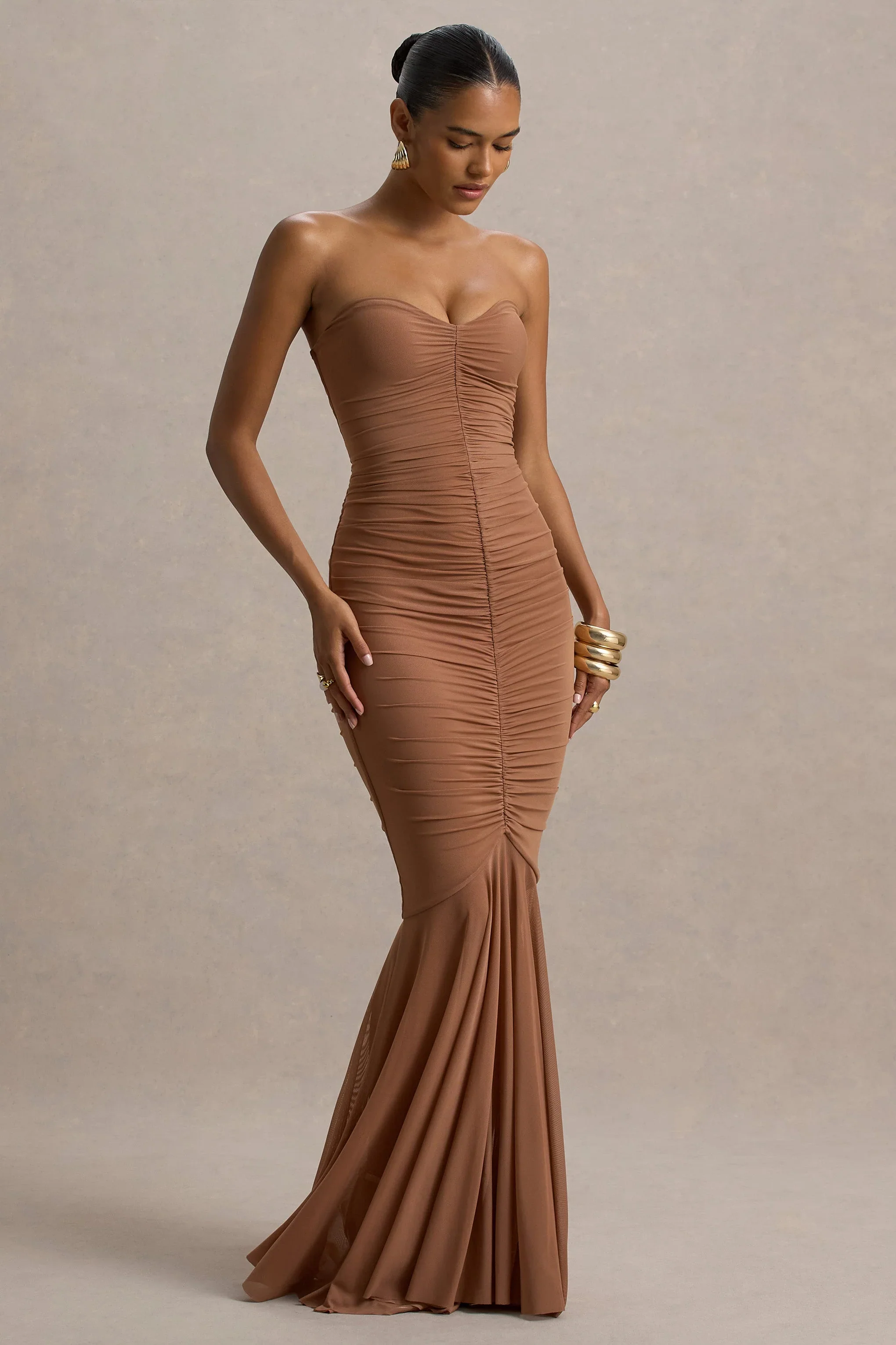 Talisa | Mocha Ruched Fishtail Maxi Dress With Mesh Hem