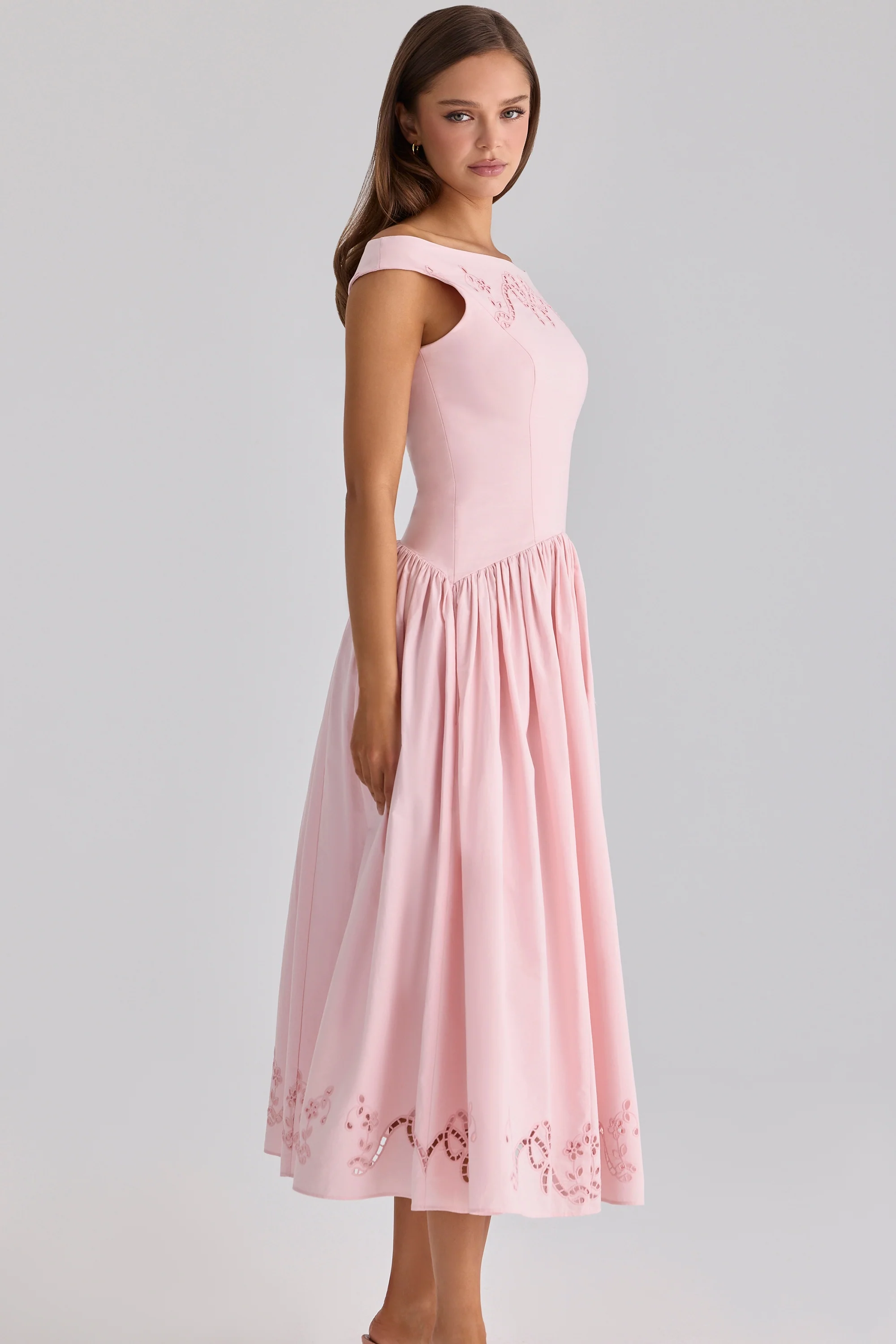 pink cotton broderie anglaise boat neck maxi dress