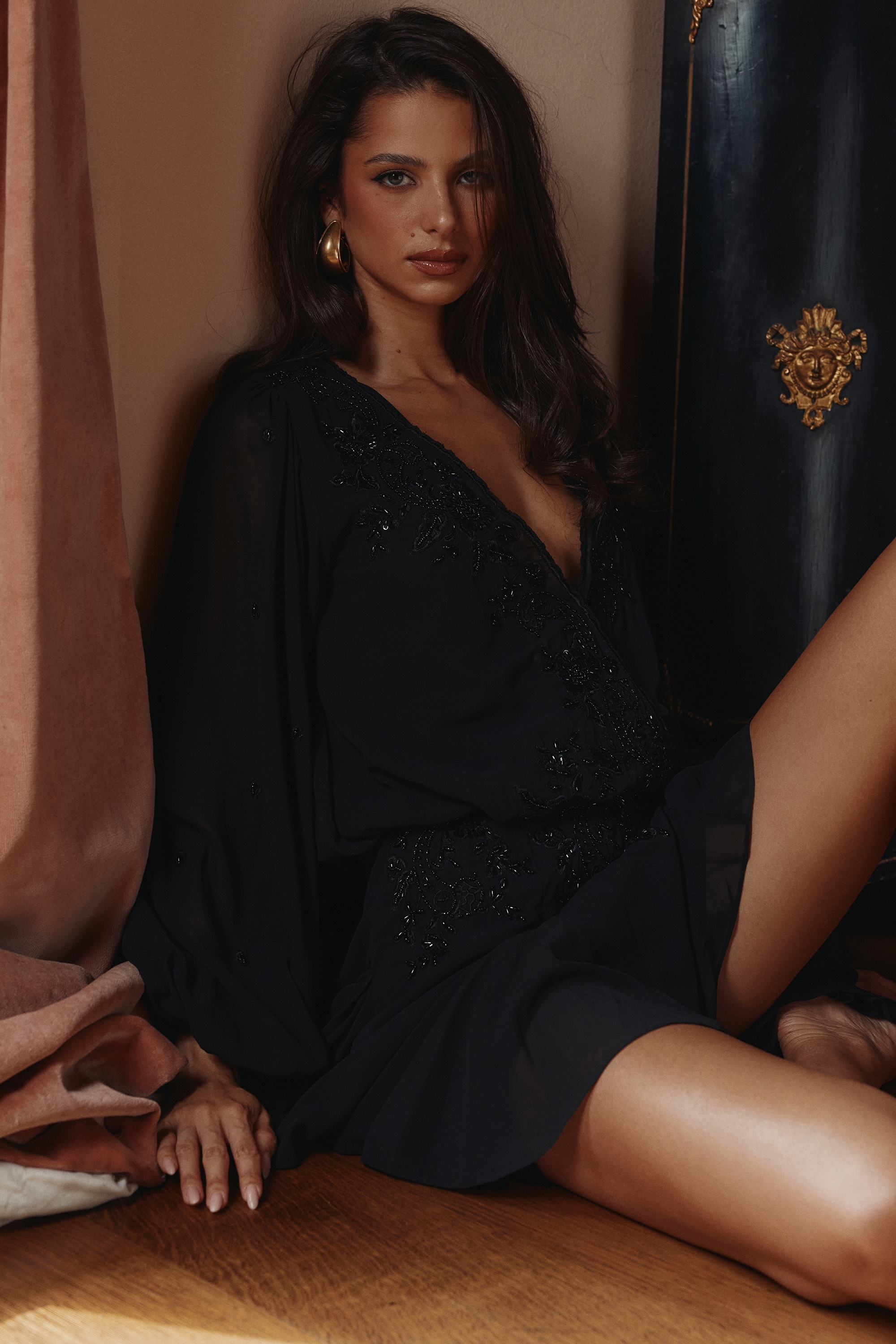 Black Hand Beaded Georgette Mini Dress - Limited Edition