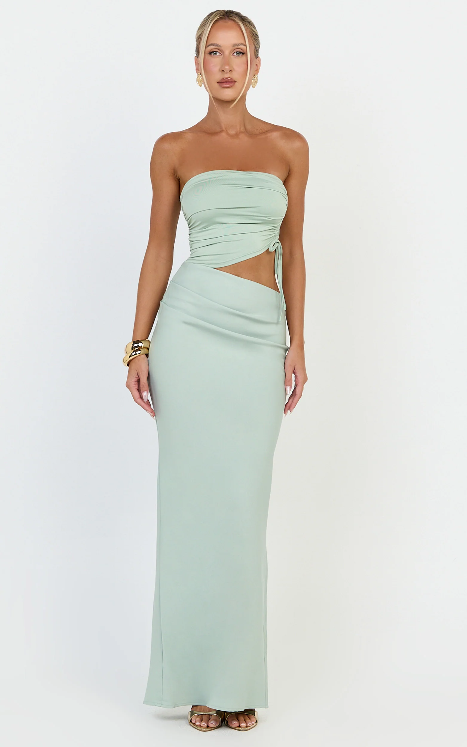 Fergie Maxi Dress - Strapless Side Ruched Cut Out Fitted Dress in Sage