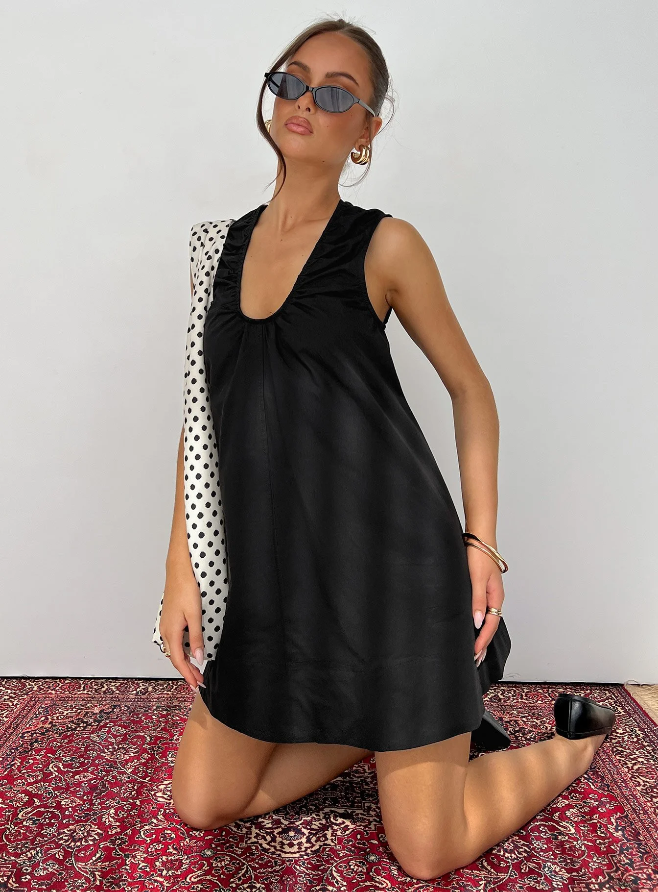 Eberta Ruched Baby Doll Mini Dress Black