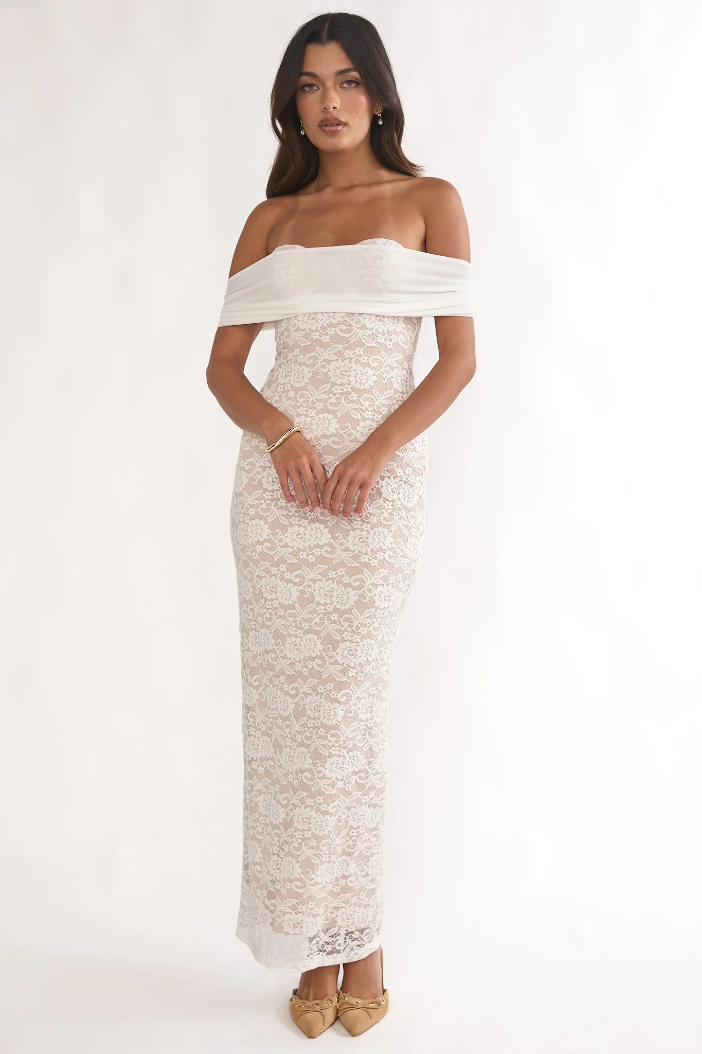 Jewelene Off-Shoulder Maxi Dress Lace White