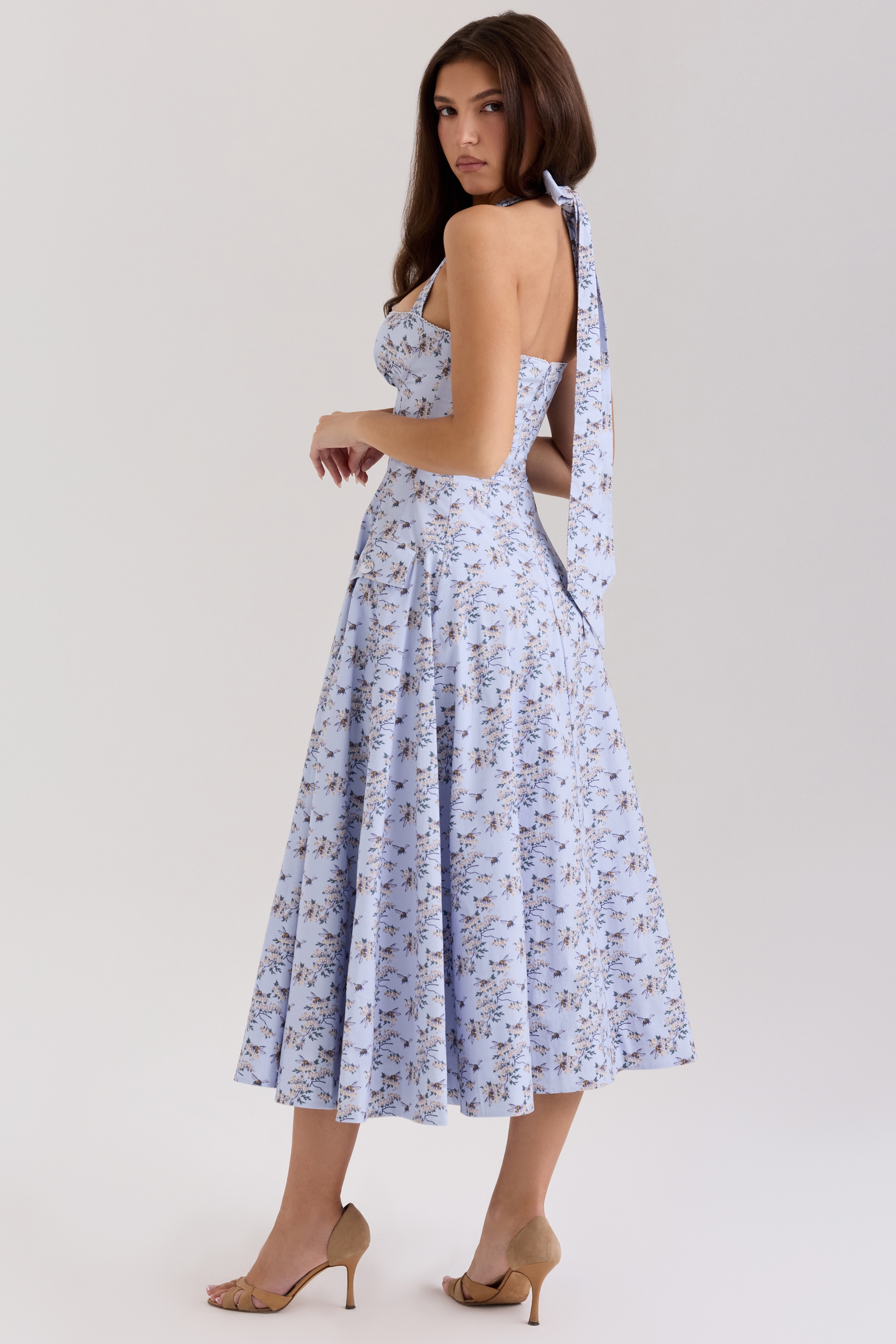 blue floral print stretch cotton halter neck midi dress