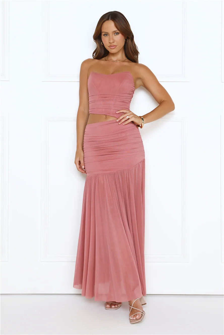 Champagne Glow Strapless Maxi Dress Rose