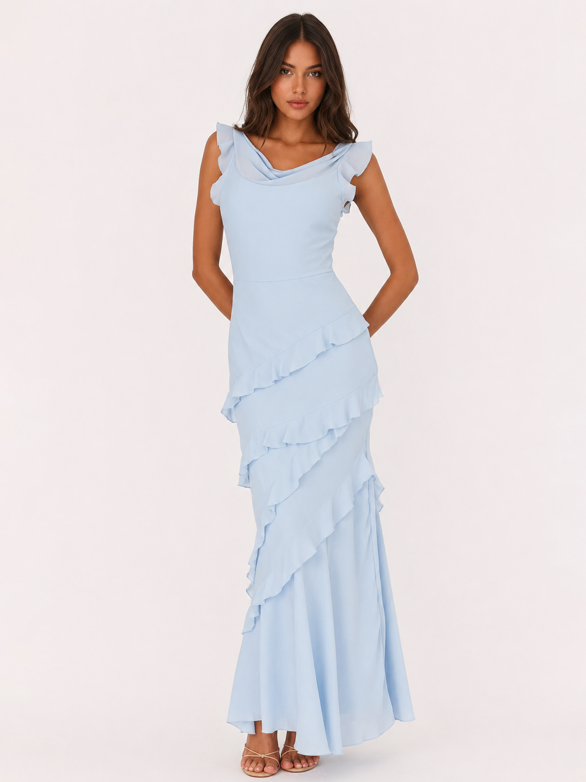 Ethereal Cowl Neck Tiered Ruffle Maxi Dress Blue