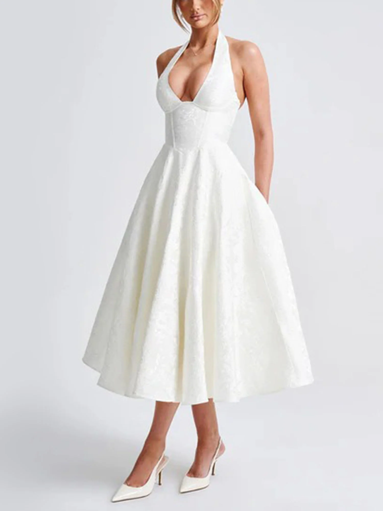 White Halter Flared Midi Dress