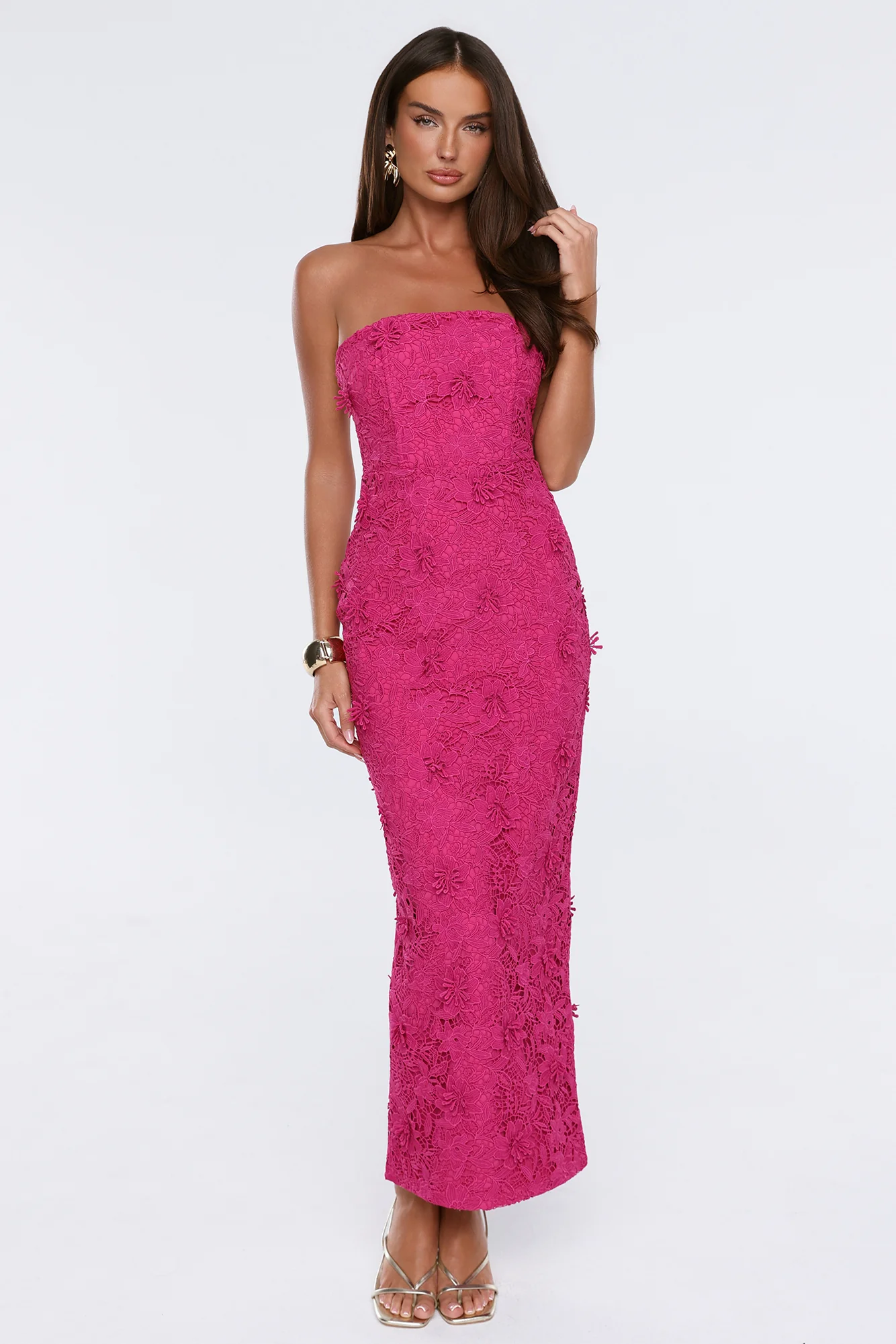 Gentle Beauty Strapless Embroidered Maxi Dress Hot Pink