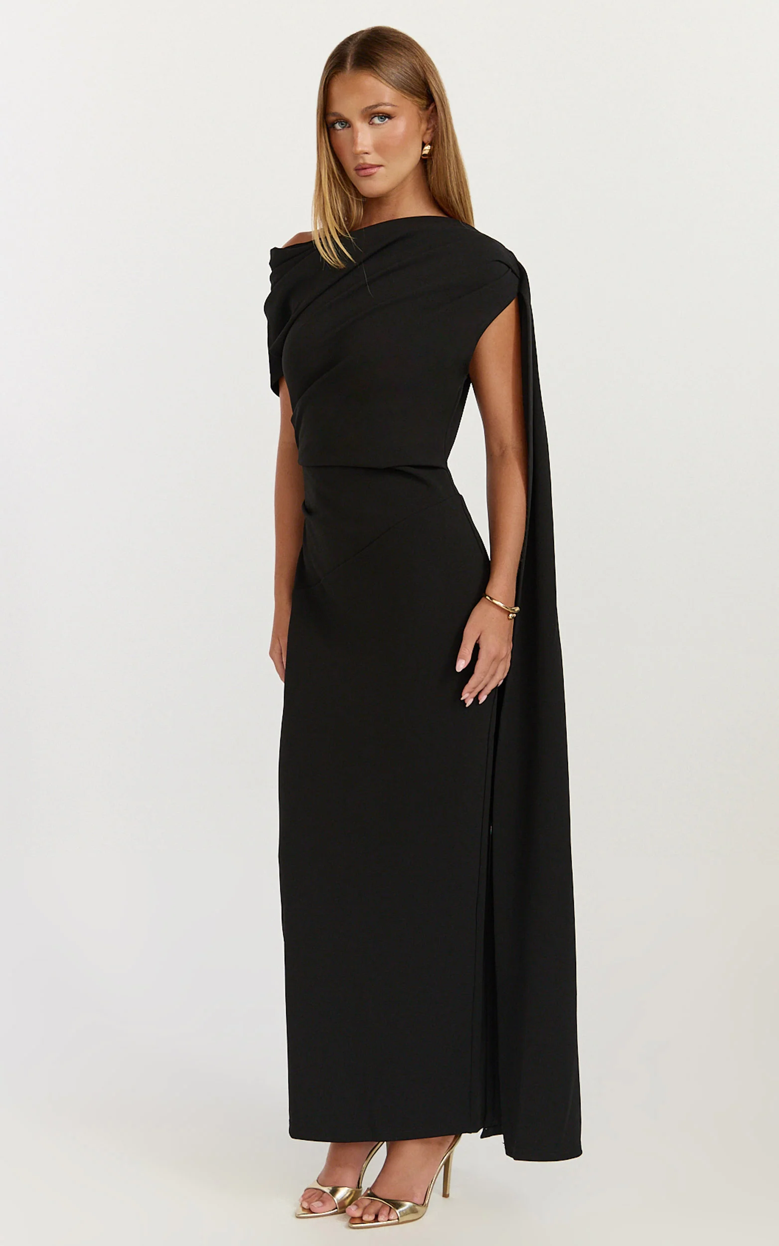 Visenta Midi Dress - Asymmetrical Sleeve Dress in Black