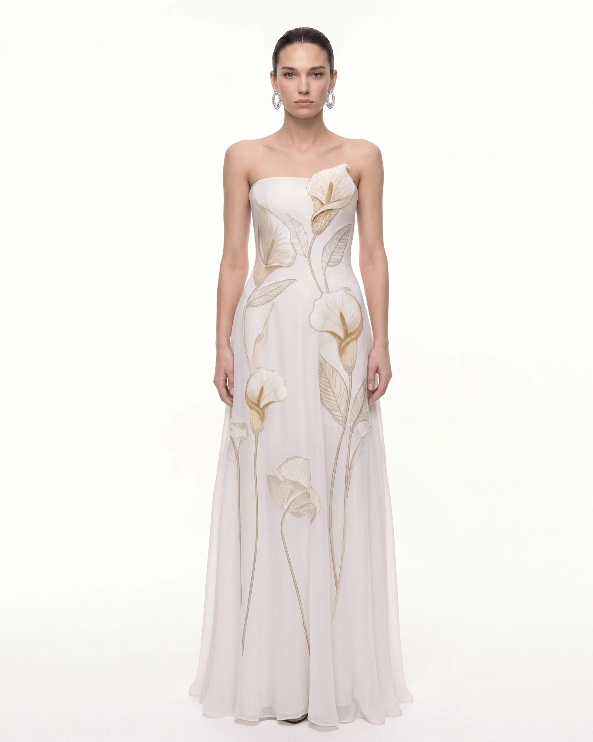 3D Embroidered Calla Lily Strapless A-Line Maxi Dress - Ivory